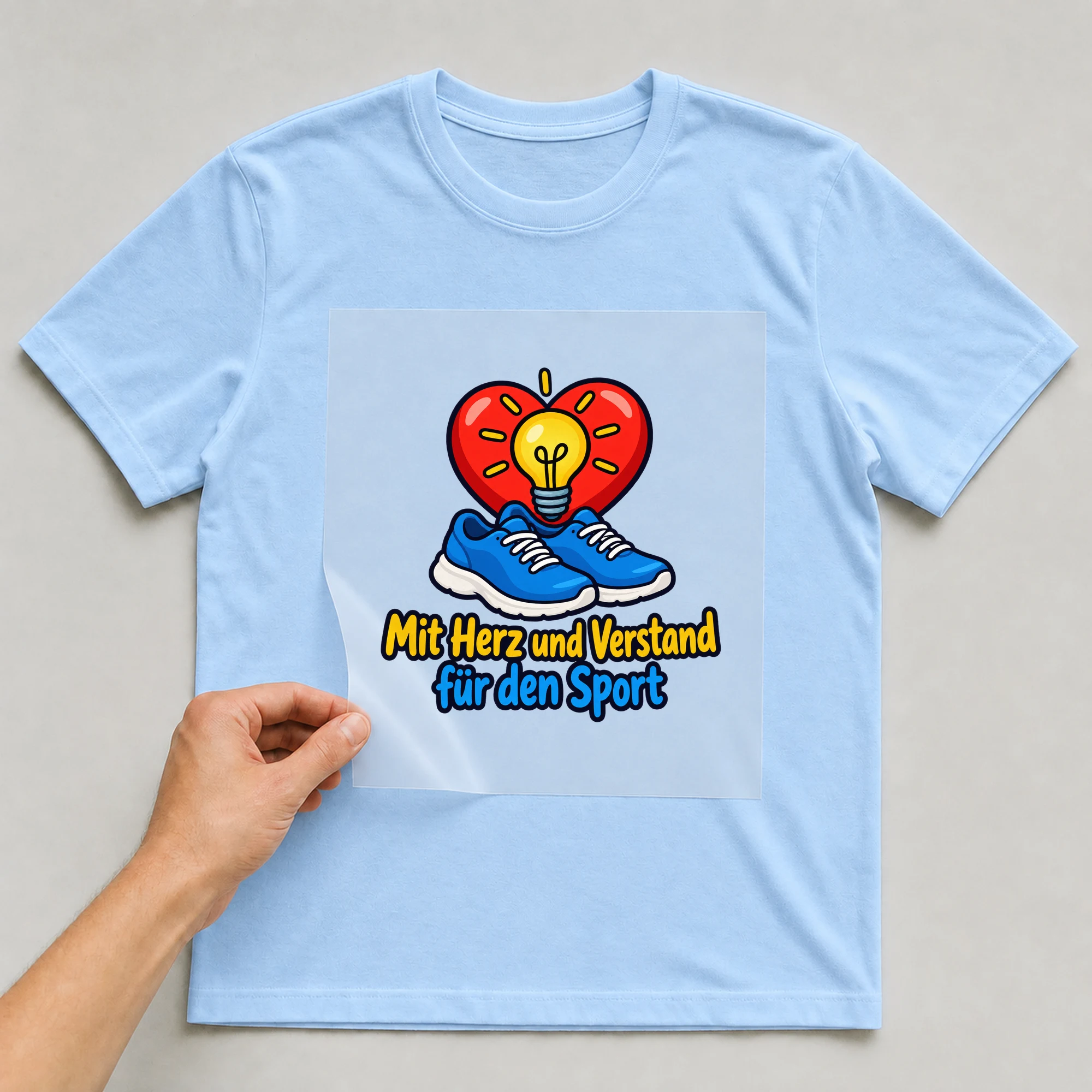 Bügelbild „Mit Herz und Verstand für den Sport“ auf babyblauem T-Shirt, Folie wird aufgelegt