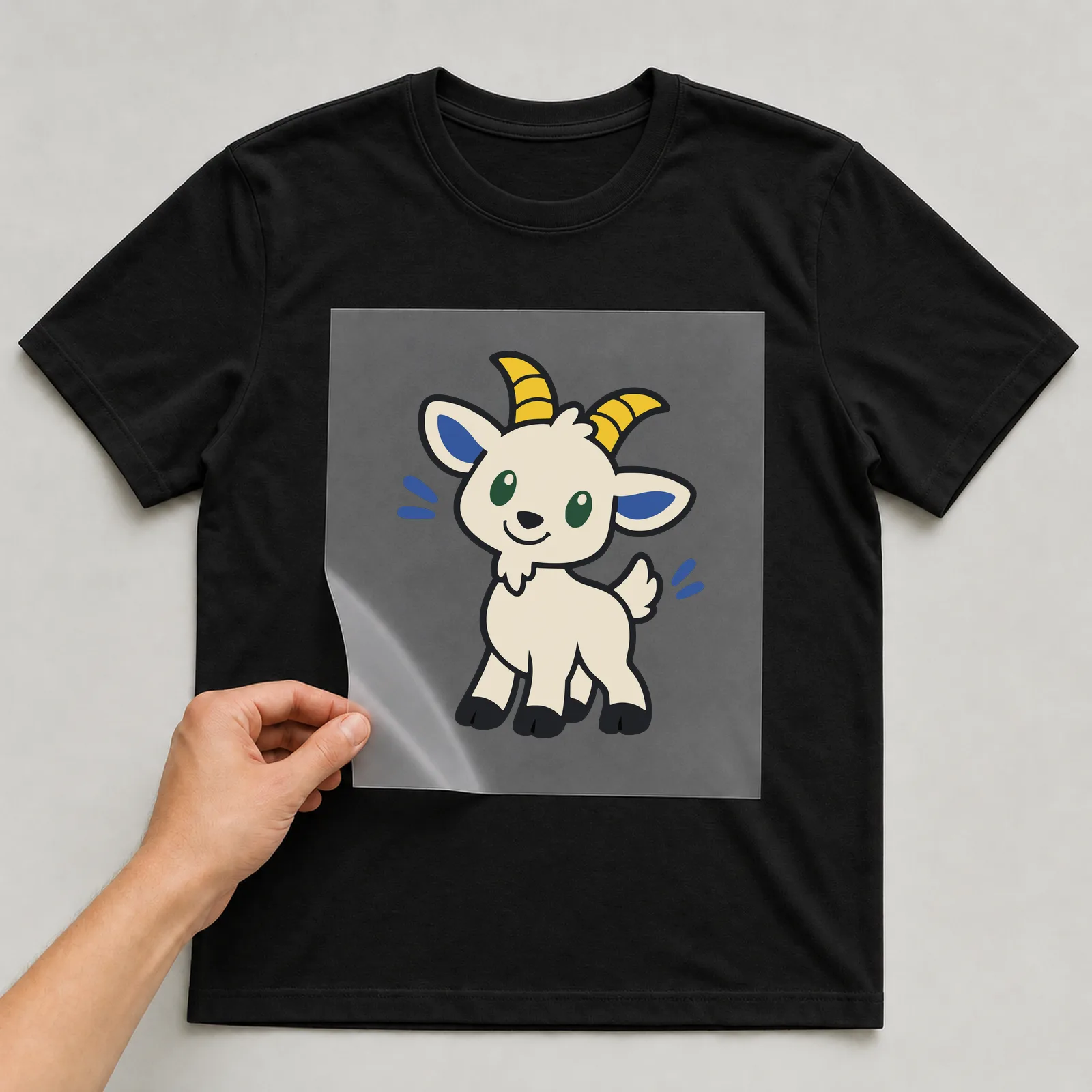 Bügelbild Ziege im Comic-Stil auf schwarzem T-Shirt, Folie wird aufgelegt