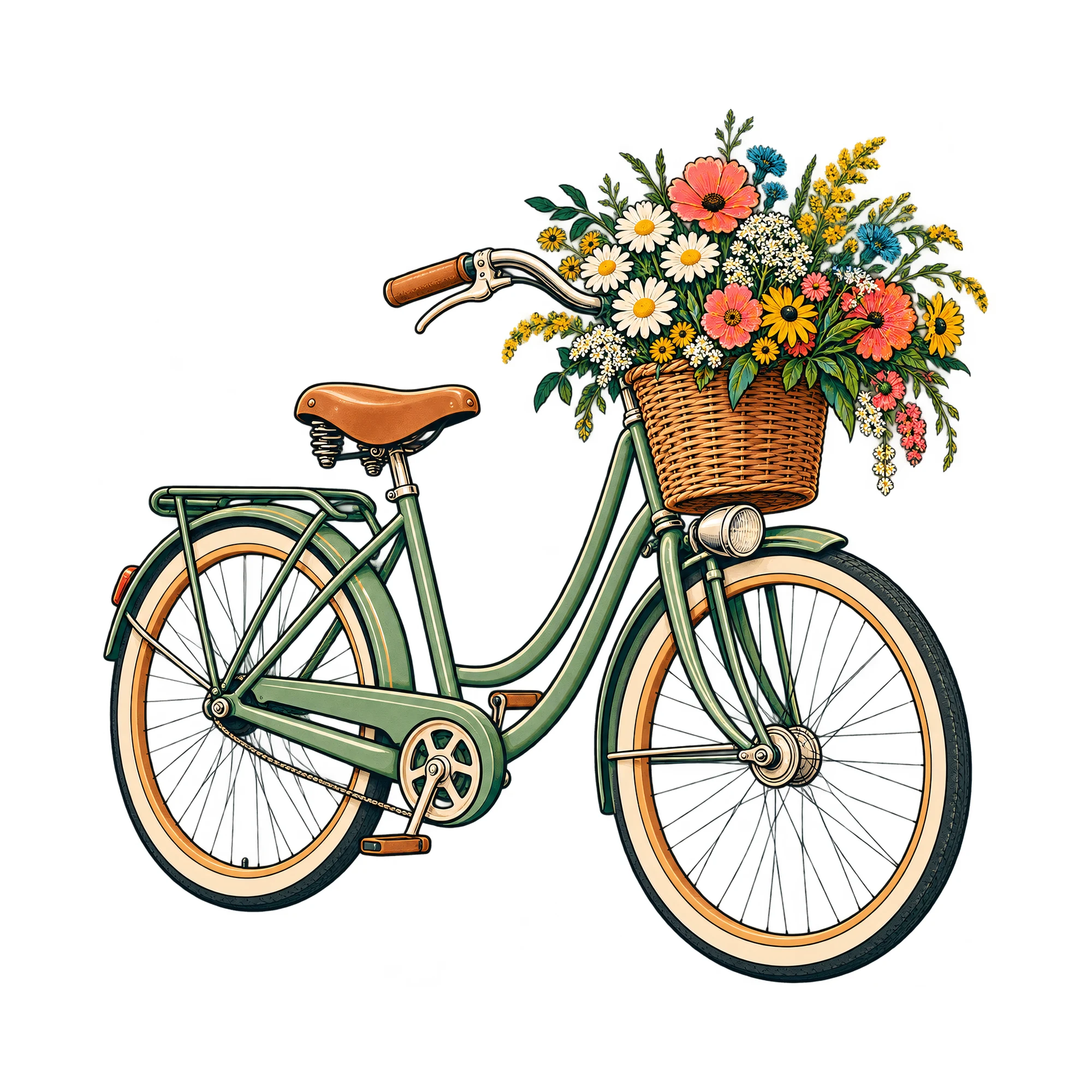 Bügelbild „Fahrrad mit Blumen“, Natur Shirt Motiv als Grafik auf weißem Hintergrund (BB019062)