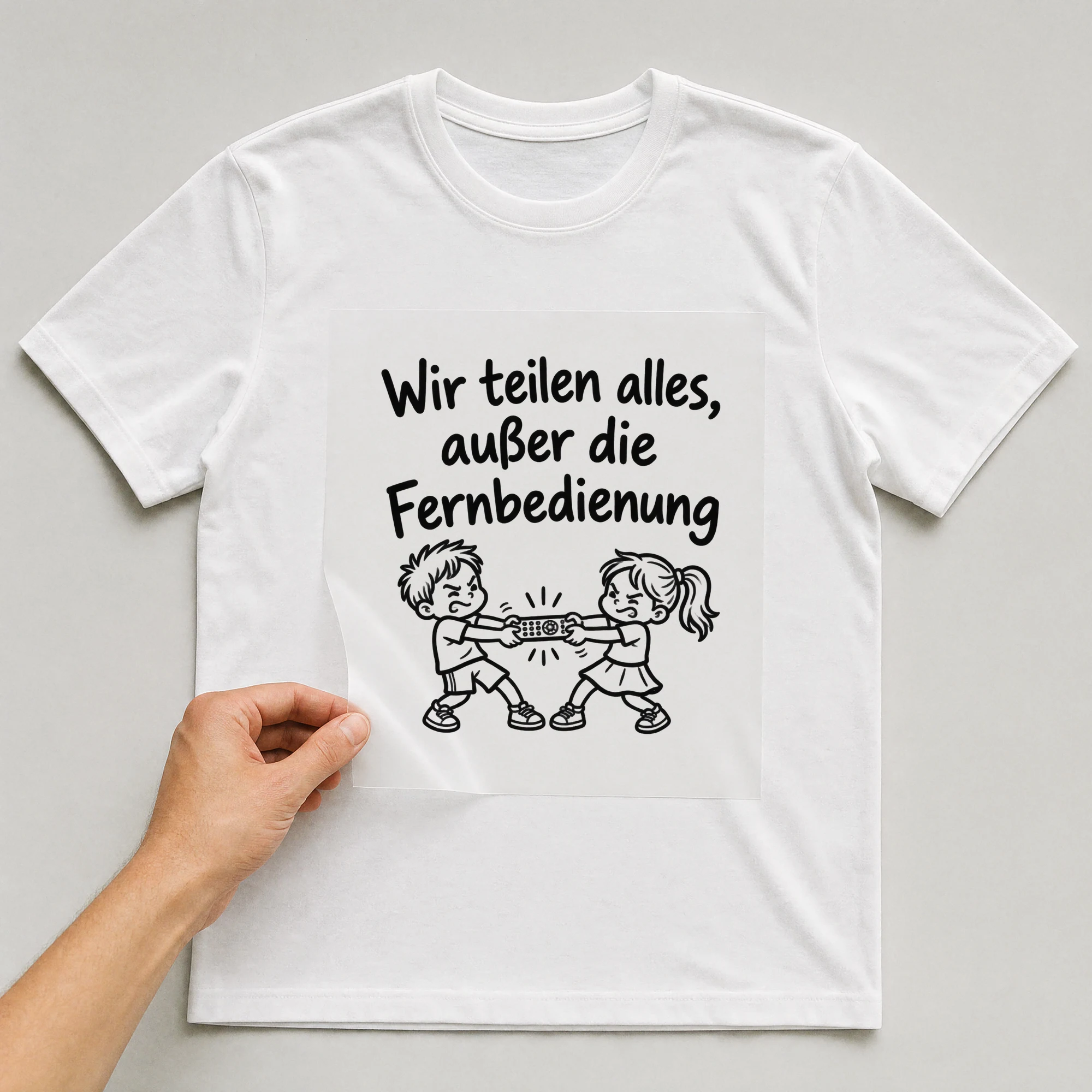 Bügelbild „Wir teilen alles, außer die Fernbedienung“ auf weißem T-Shirt, Folie wird aufgelegt