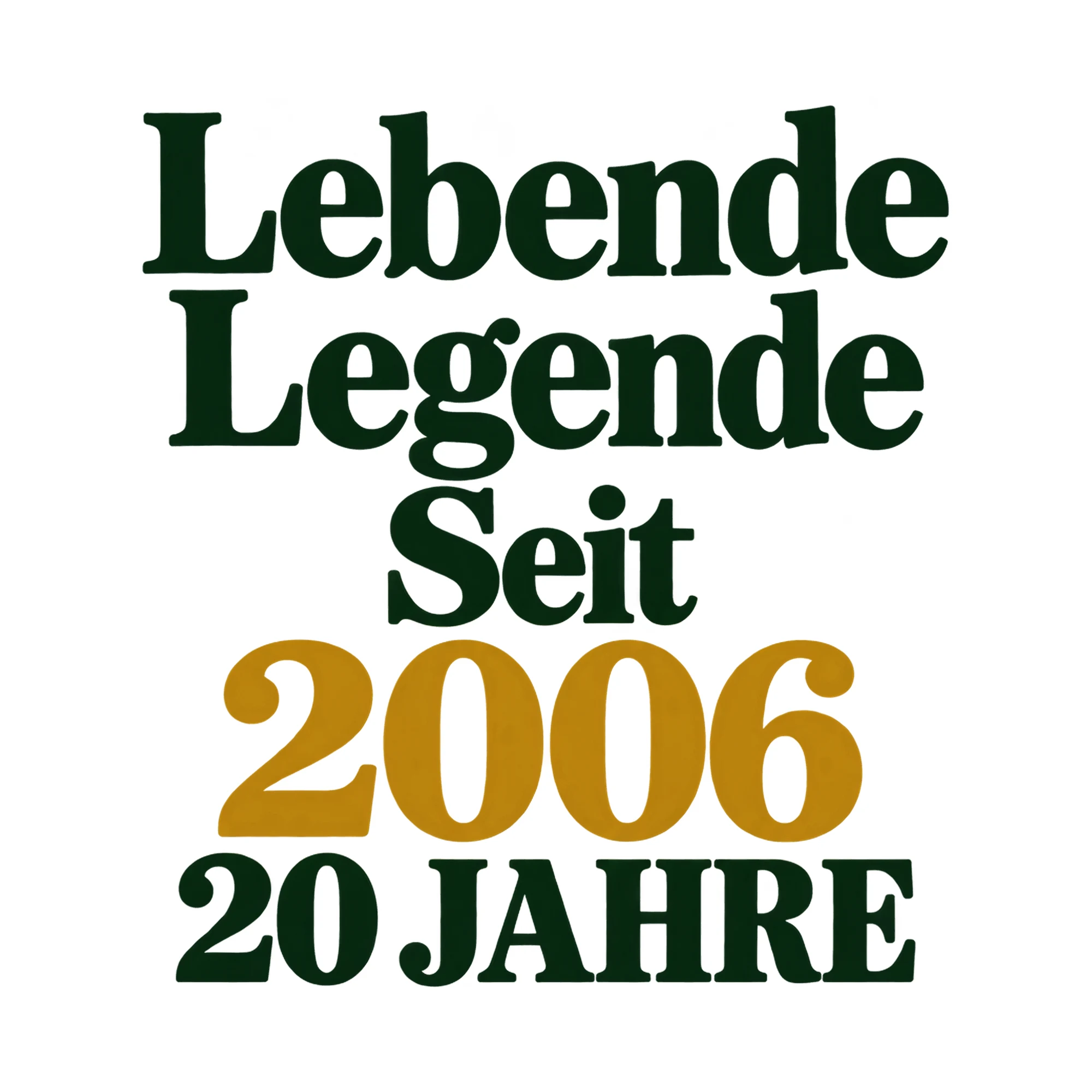 Bügelbild Lebende Legende Seit 2006 20 JAHRE als Grafik auf weißem Hintergrund (BB021006)