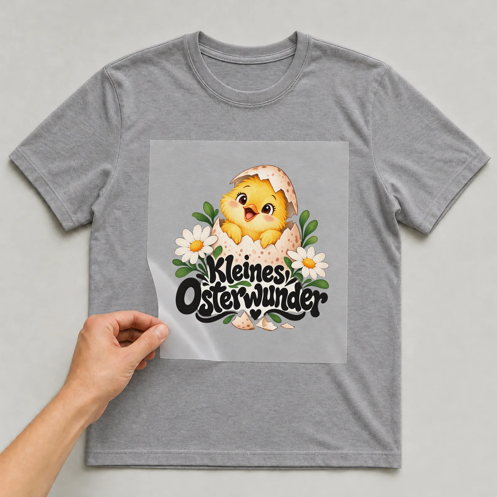 Bügelbild „Kleines Osterwunder“ (deckendem Aquarell) auf grauem T-Shirt, Folie wird aufgelegt