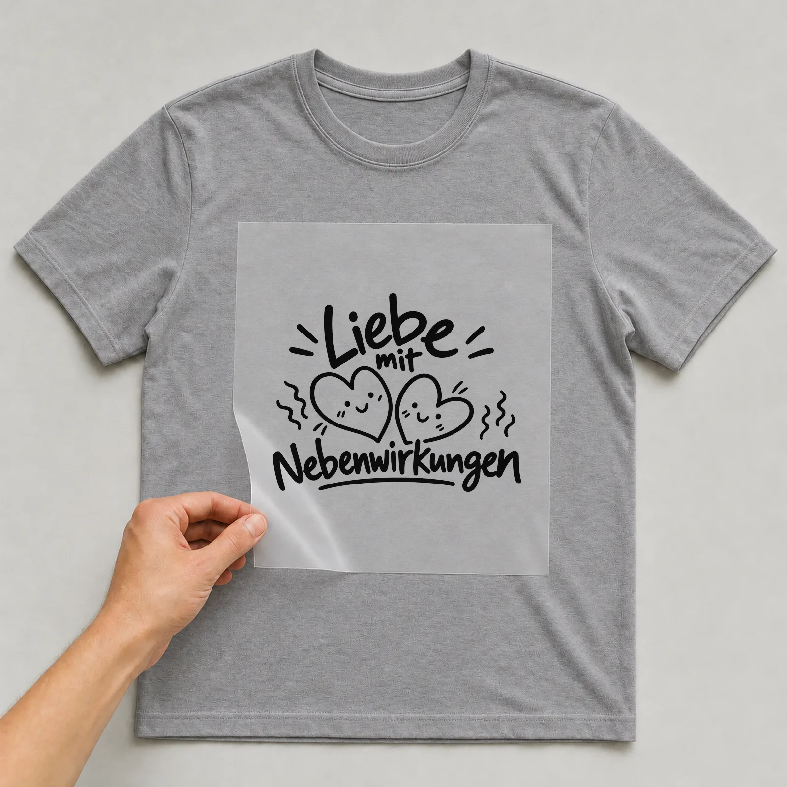 Bügelbild „Liebe mit Nebenwirkungen“ auf grauem T-Shirt, Folie wird aufgelegt