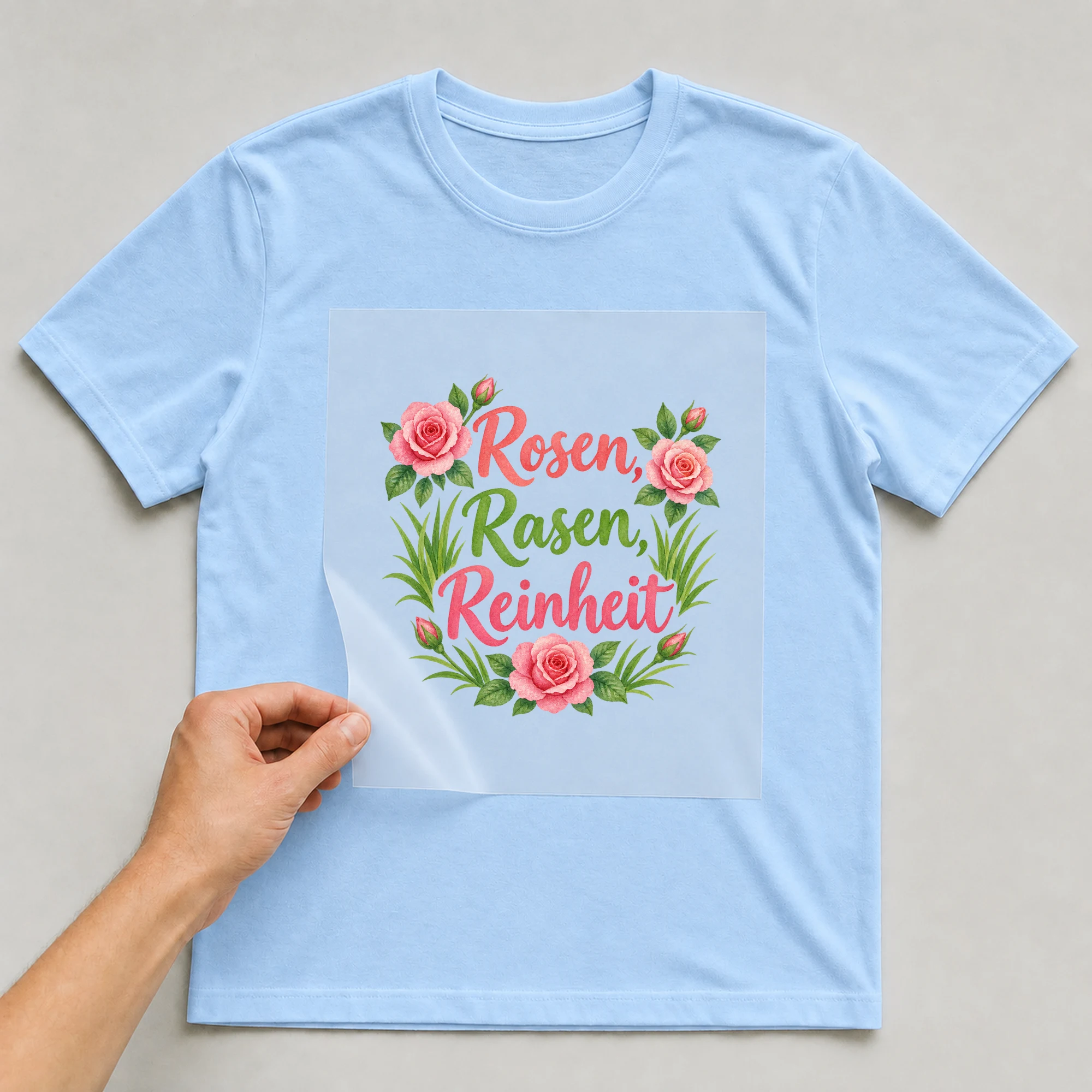 Bügelbild „Rosen rasen reinheit“ auf babyblauem T-Shirt, Folie wird aufgelegt