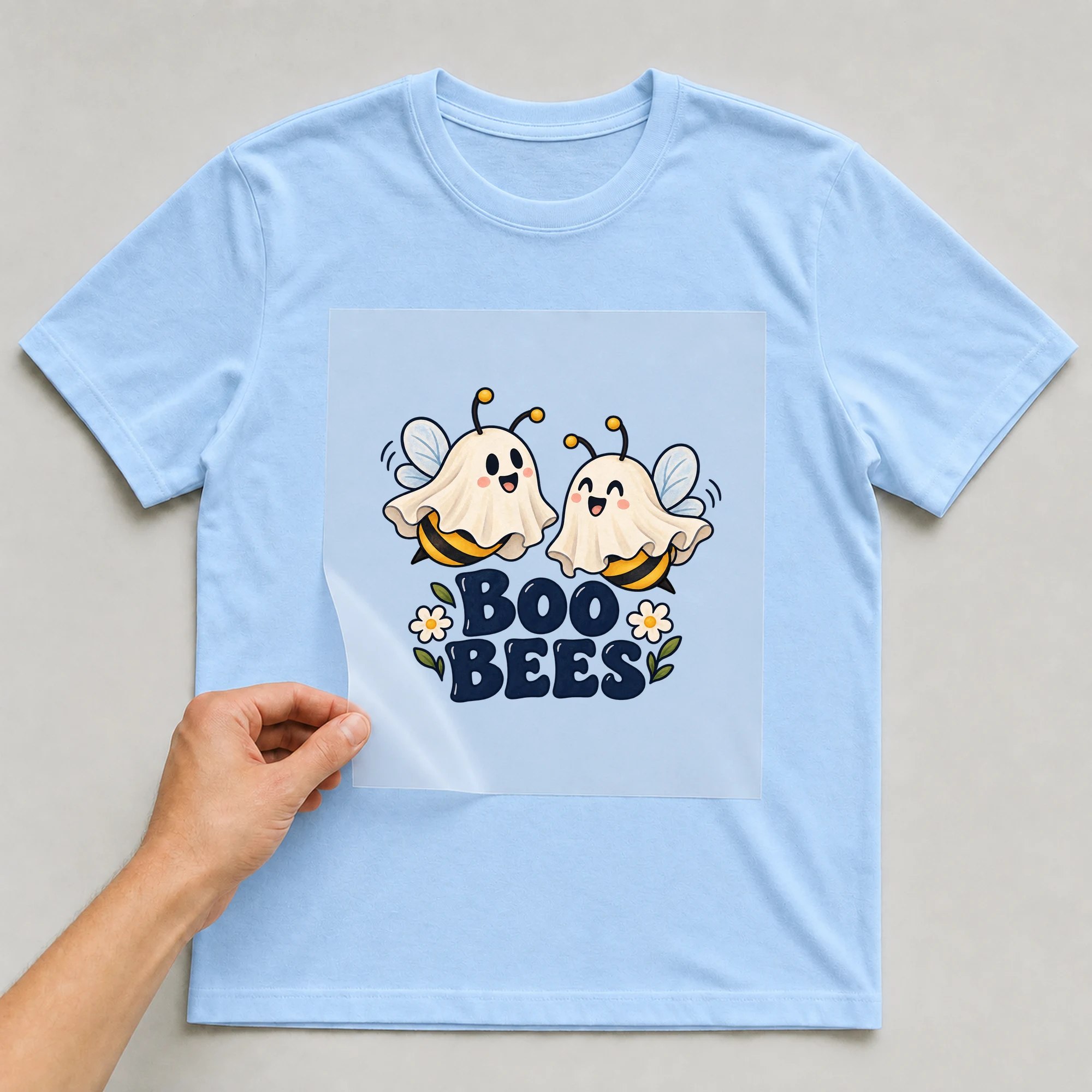 Bügelbild „Boo Bees“ auf babyblauem T-Shirt, Folie wird aufgelegt