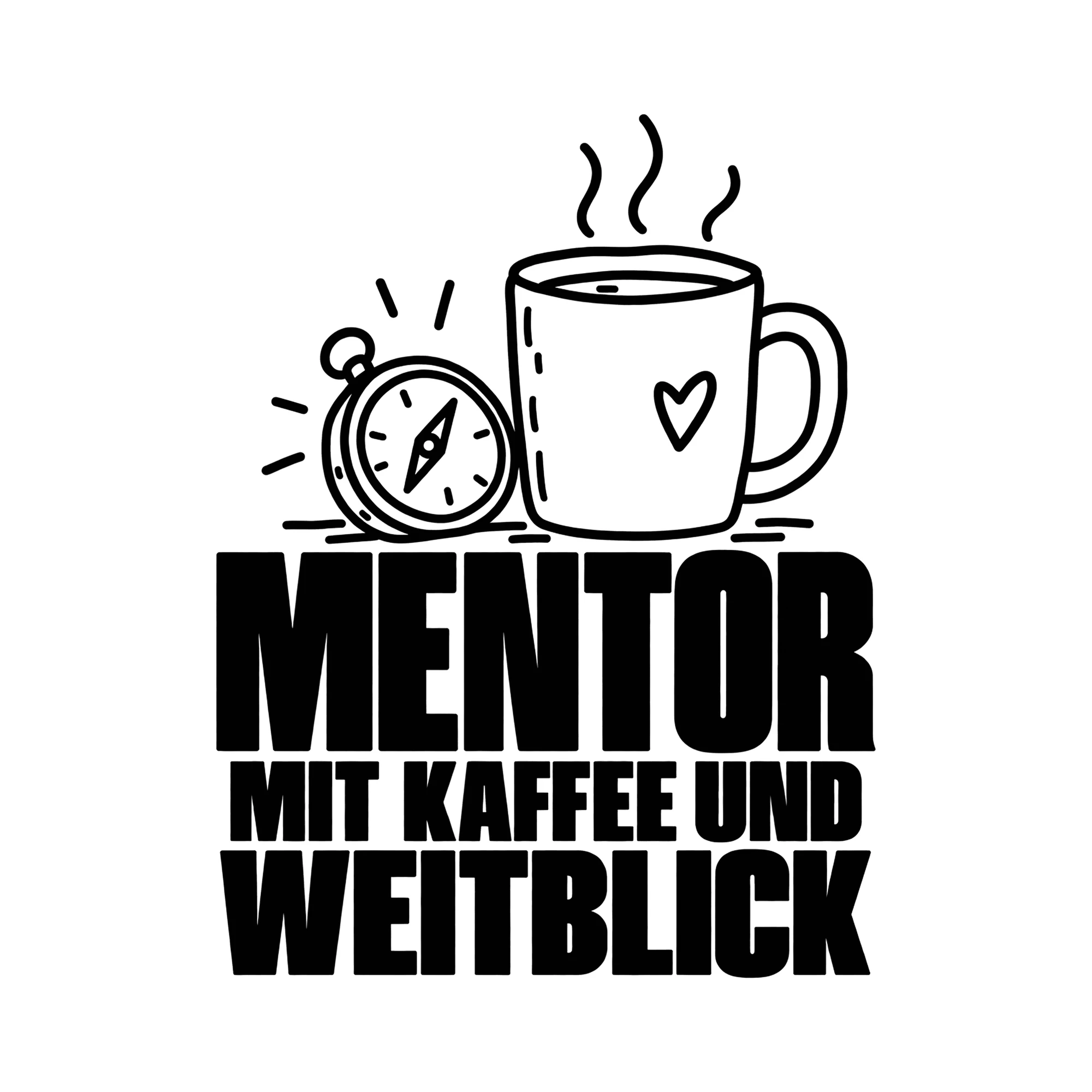 Bügelbild Mentor mit Kaffee und Weitblick als Grafik auf weißem Hintergrund (BB012211)