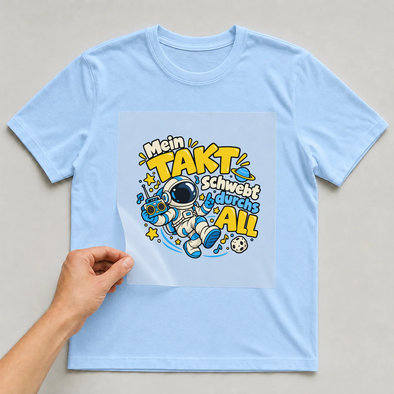 Bügelbild „Mein Takt schwebt durchs All“ auf hellblauem T-Shirt, Folie wird aufgelegt