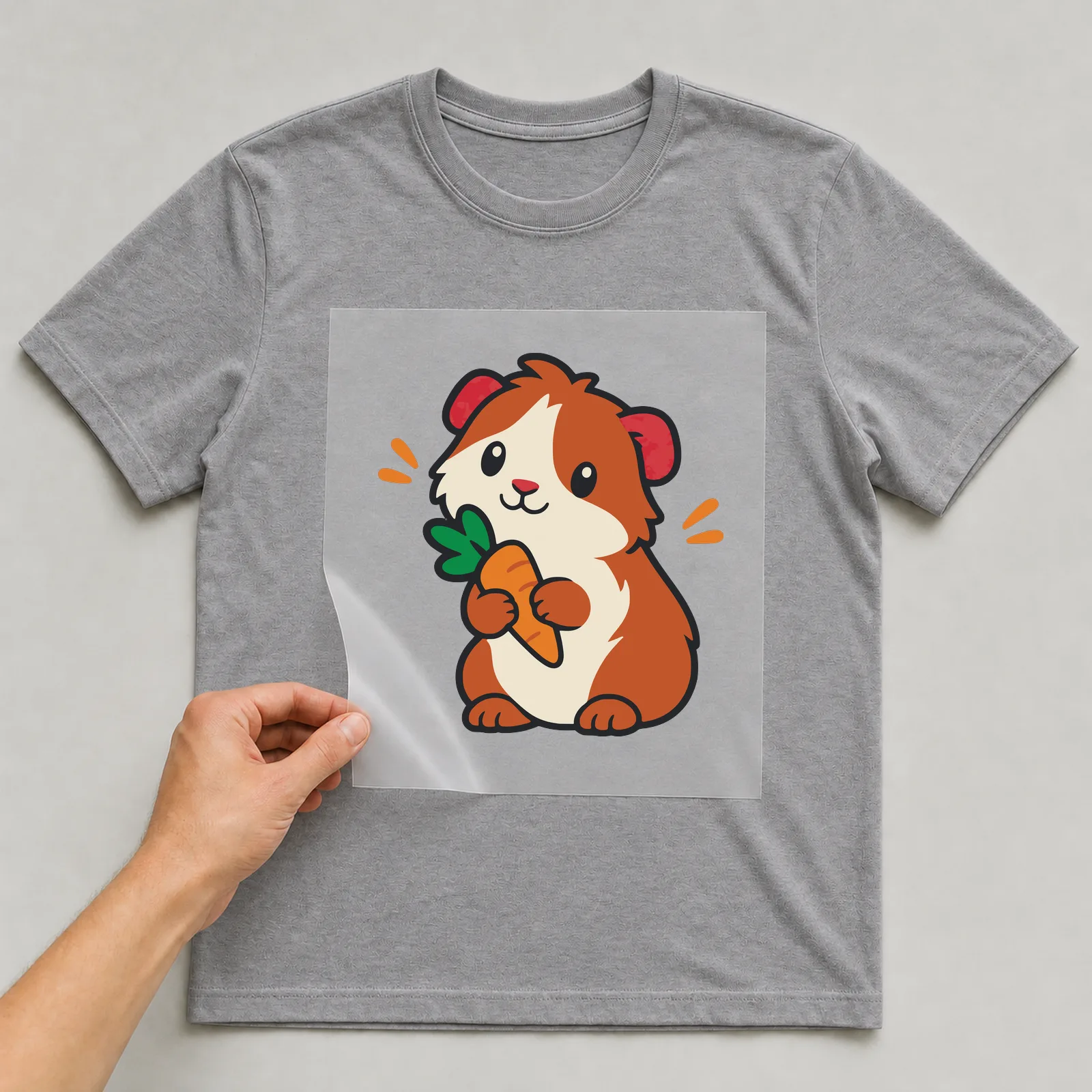 Bügelbild Meerschweinchen im Comic-Stil auf grauem T-Shirt, Folie wird aufgelegt