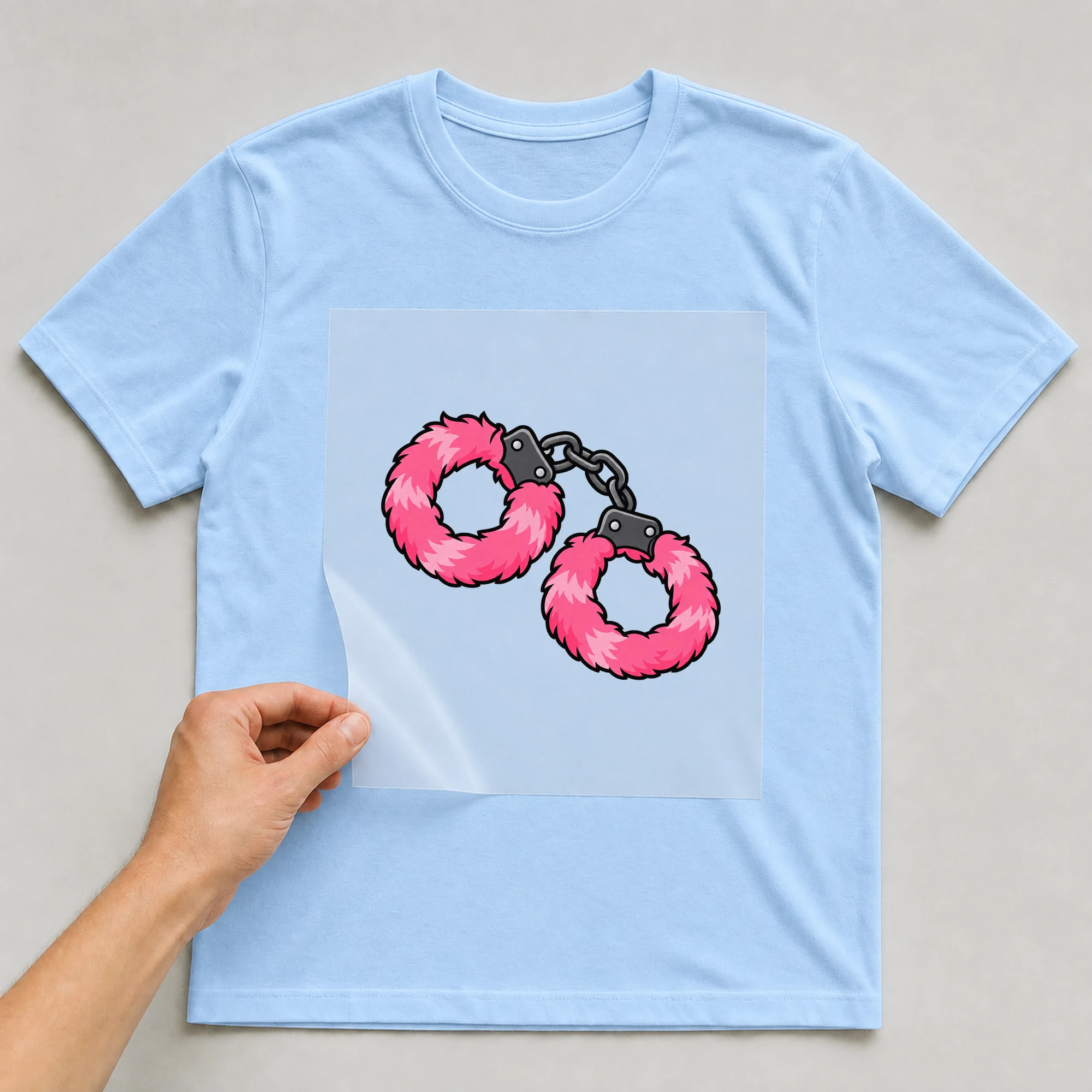 Bügelbild „Sexy Handcuffs“ auf babyblauem T-Shirt, Folie wird aufgelegt