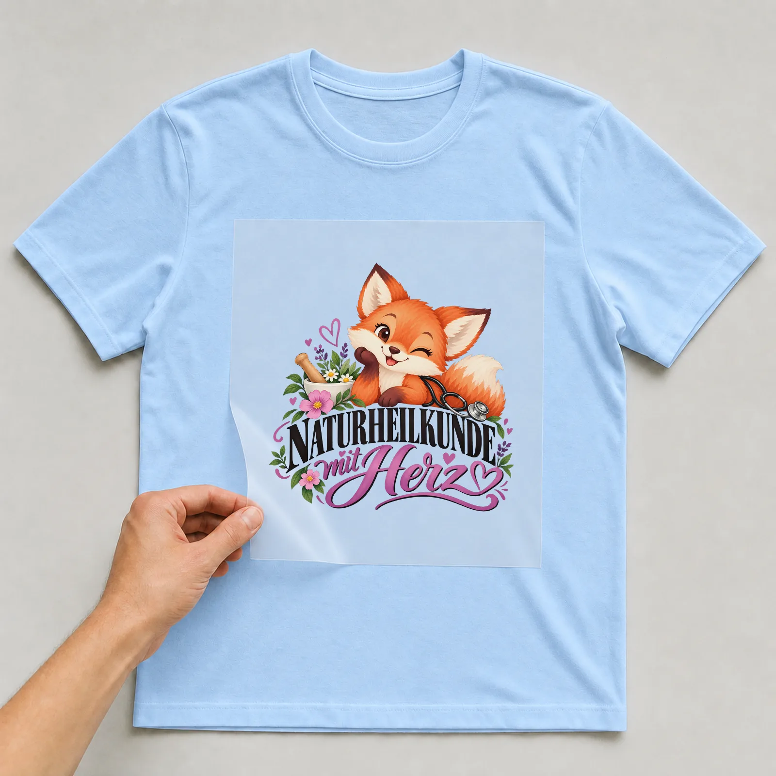 Bügelbild „Naturheilkunde mit Herz“ auf hellblauem T-Shirt, Folie wird aufgelegt