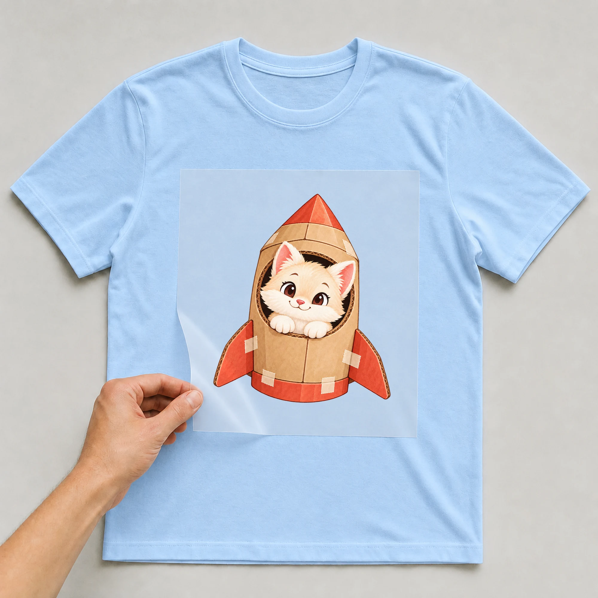 Bügelbild „Rocket Cat“ auf babyblauem T-Shirt, Folie wird aufgelegt