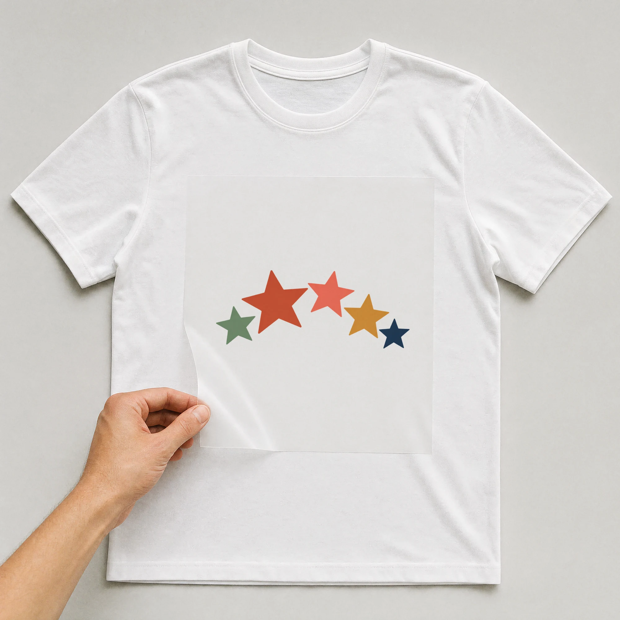 Bügelbild „Bunte Sterne“ auf weißem T-Shirt, Folie wird aufgelegt
