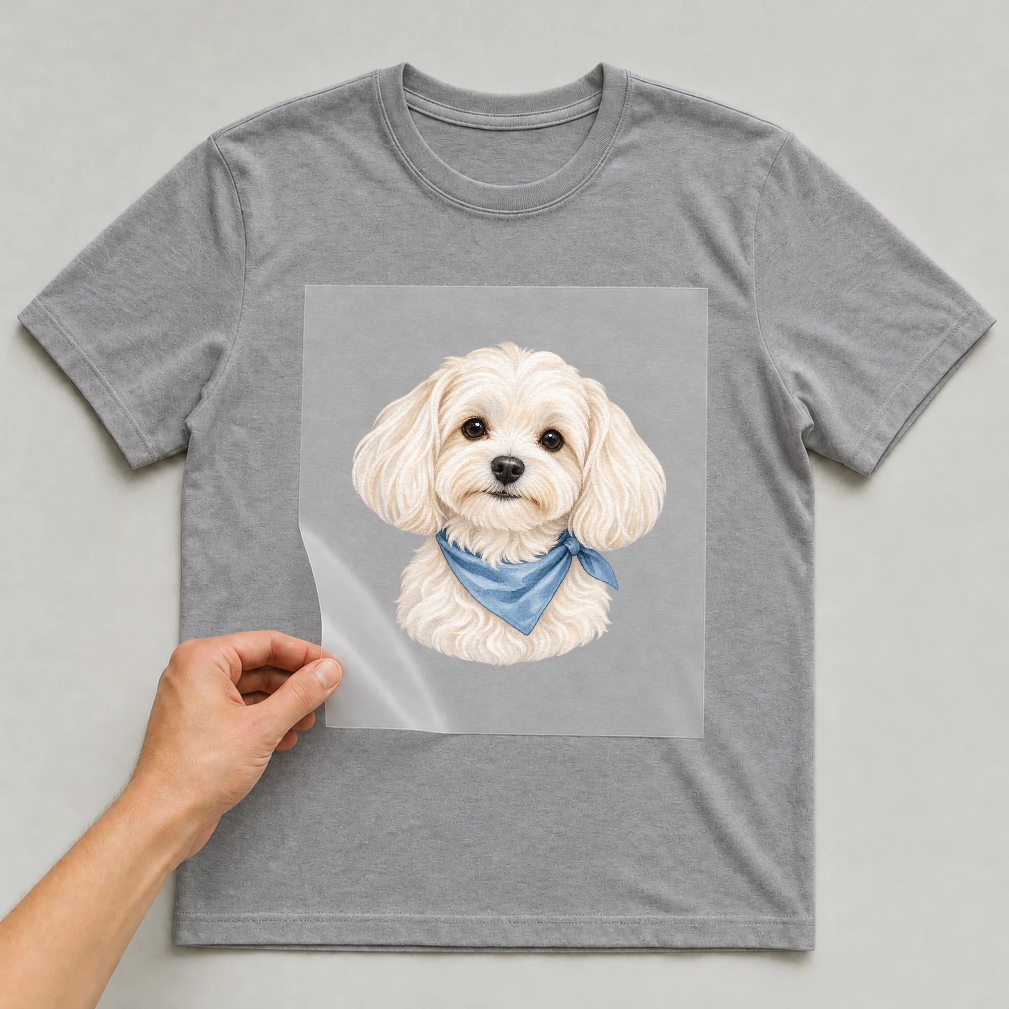 Bügelbild „Malteser“ auf grauem T-Shirt, Folie wird aufgelegt