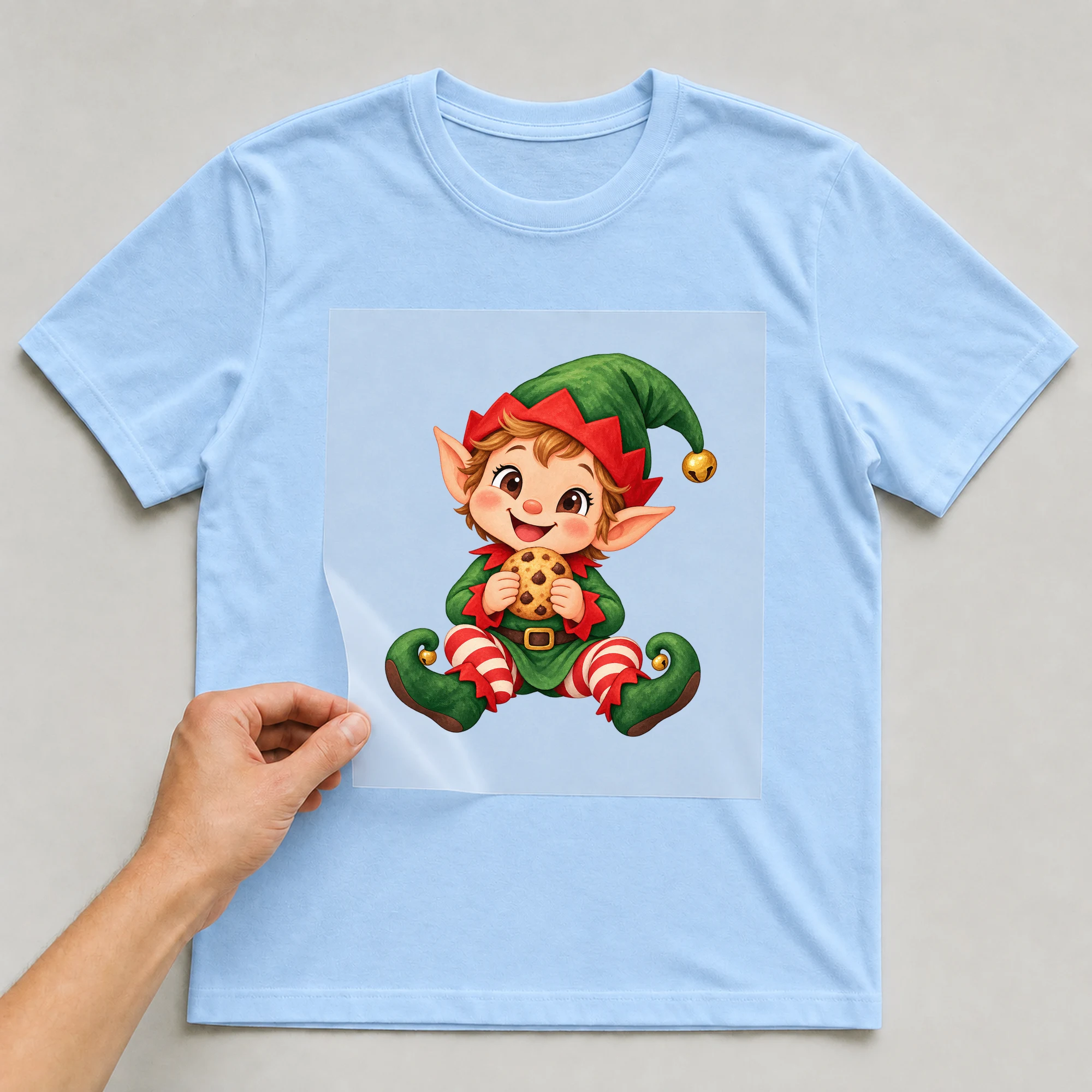 Bügelbild „Hungriger Elf“ auf babyblauem T-Shirt, Folie wird aufgelegt