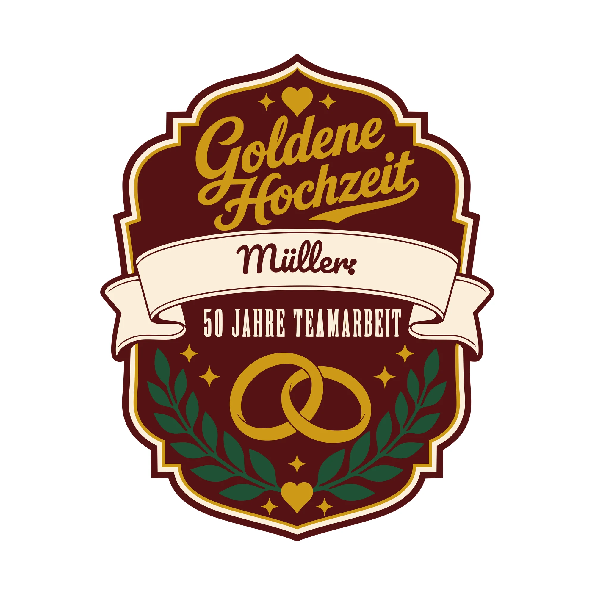 Bügelbild Goldene Hochzeit: 50 Jahre Teamarbeit mit Nachname als Grafik auf weißem Hintergrund (BB010501)