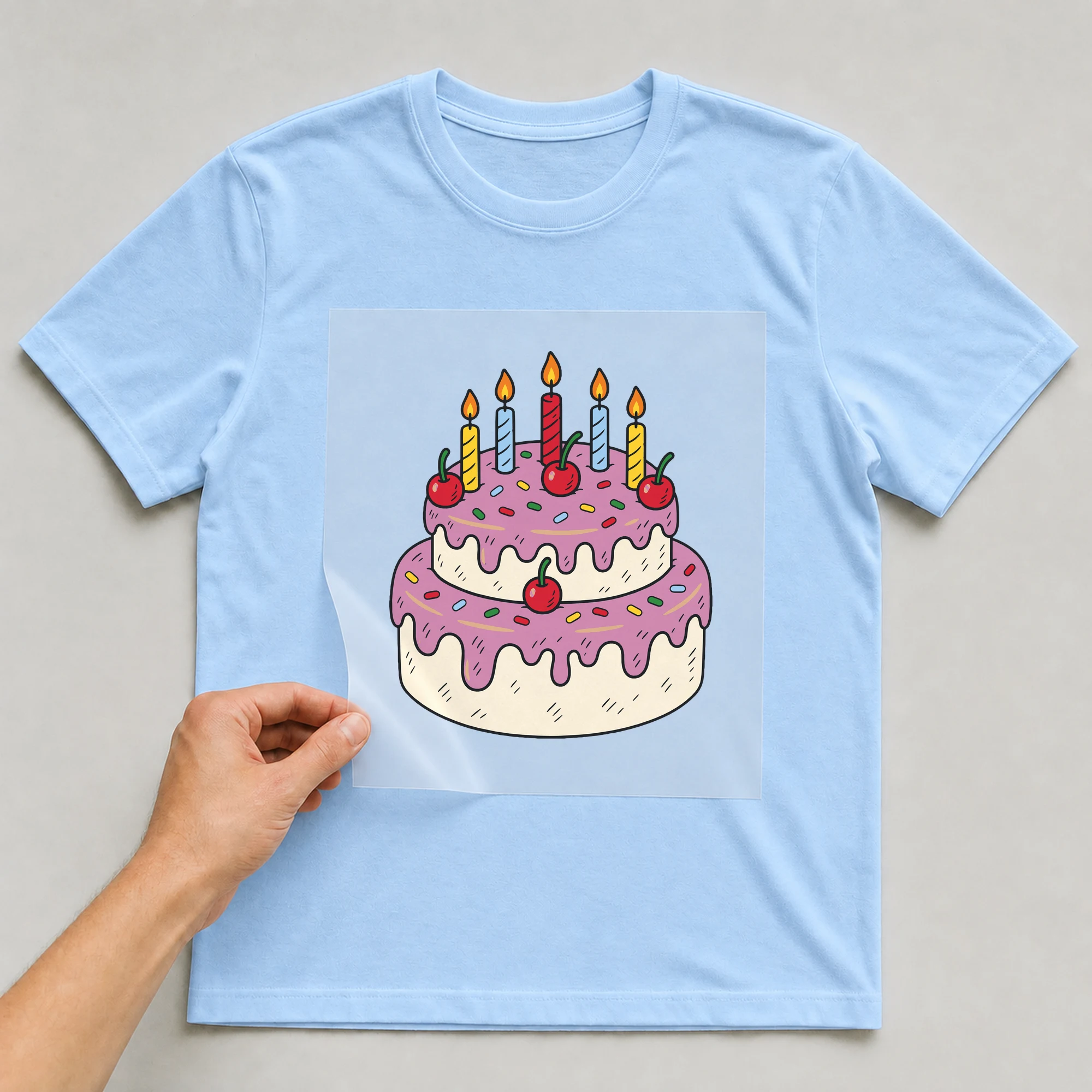 Bügelbild „Geburtstagstorte“ auf babyblauem T-Shirt, Folie wird aufgelegt