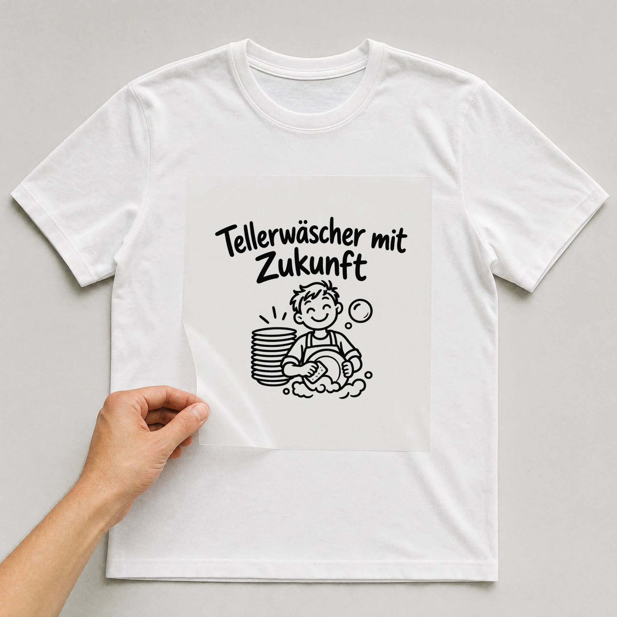 Bügelbild „Tellerwäscher mit Zukunft“ auf weißem T-Shirt, Folie wird aufgelegt