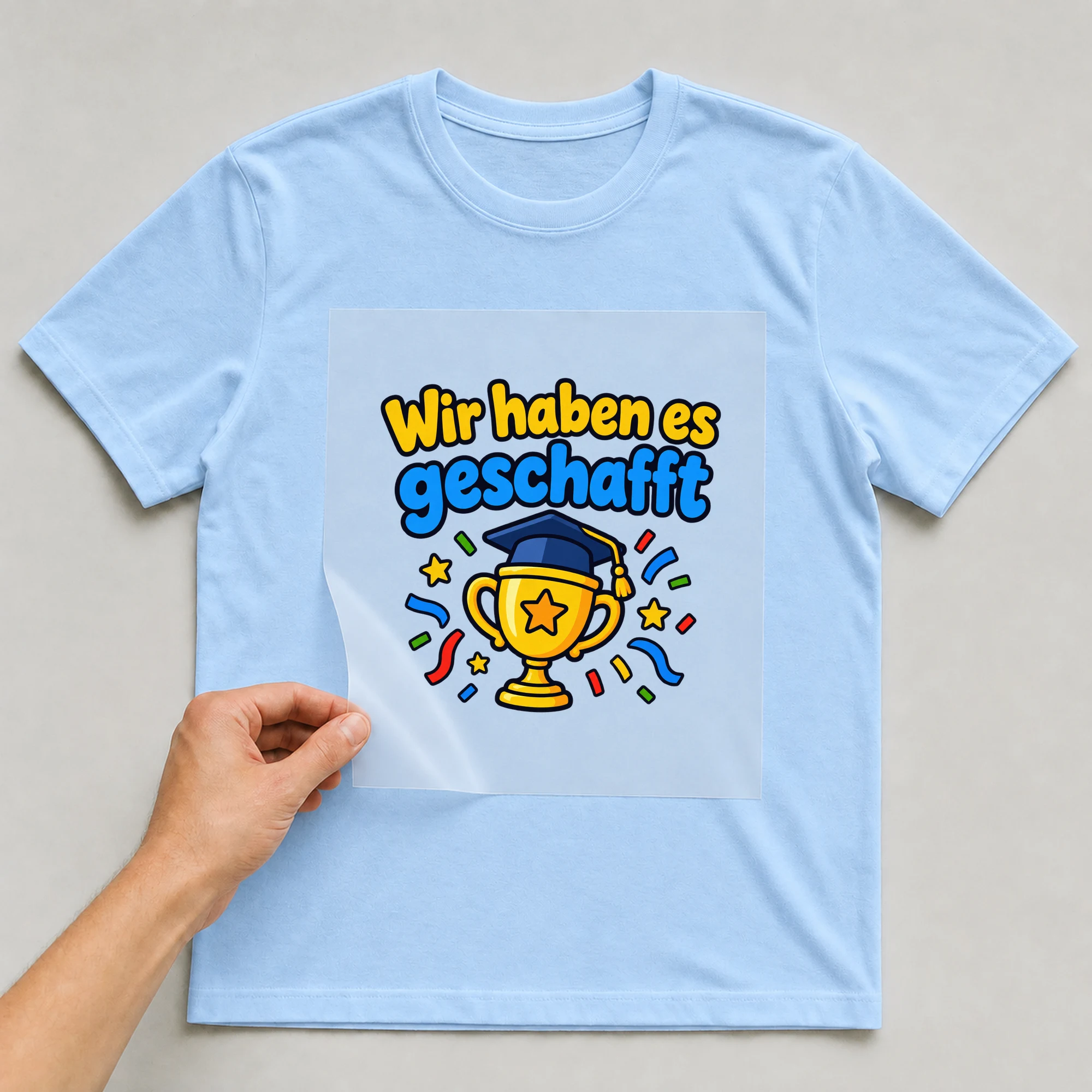 Bügelbild „Wir haben es geschafft“ auf babyblauem T-Shirt, Folie wird aufgelegt