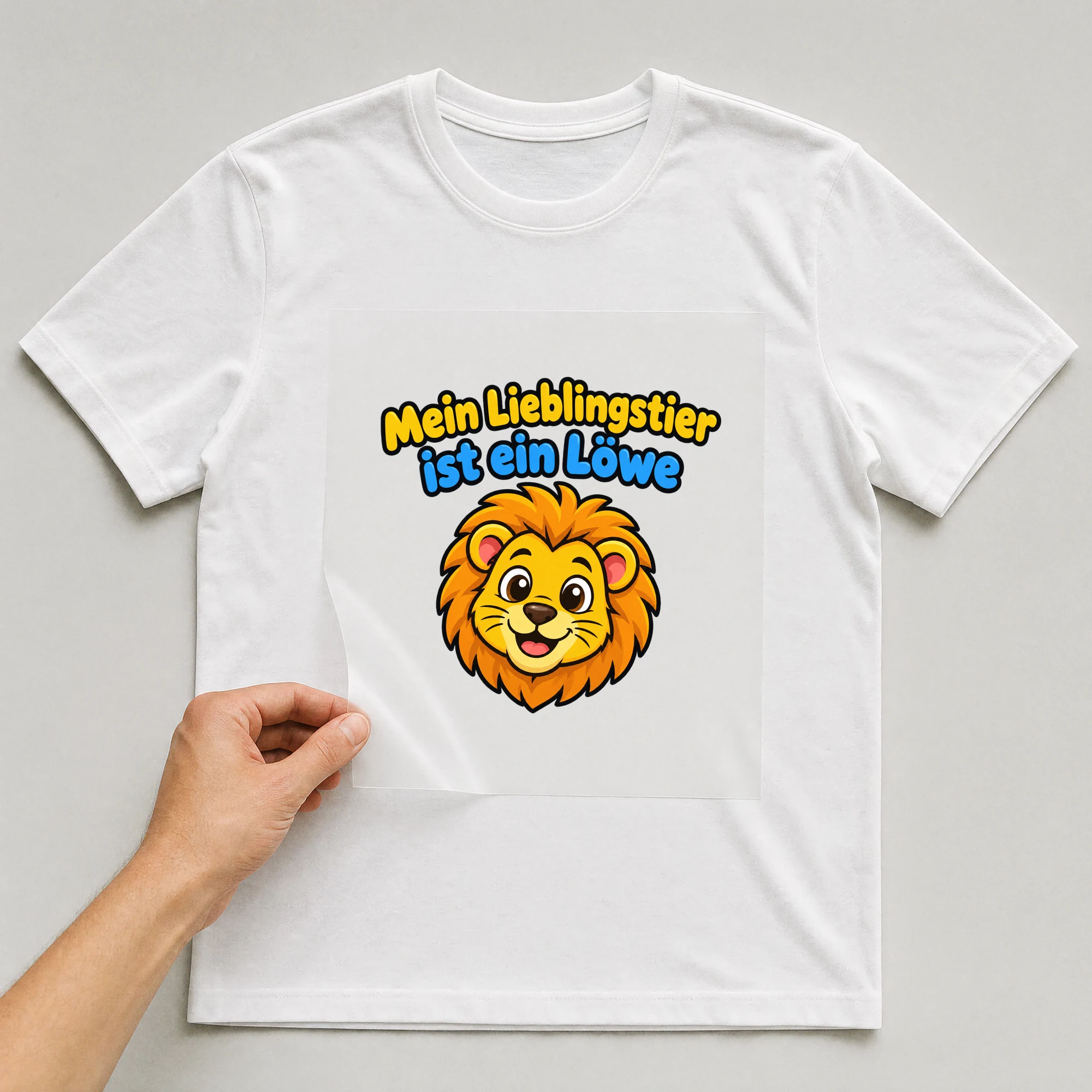 Bügelbild „Mein Lieblingstier ist ein Löwe“ auf weißem T-Shirt, Folie wird aufgelegt