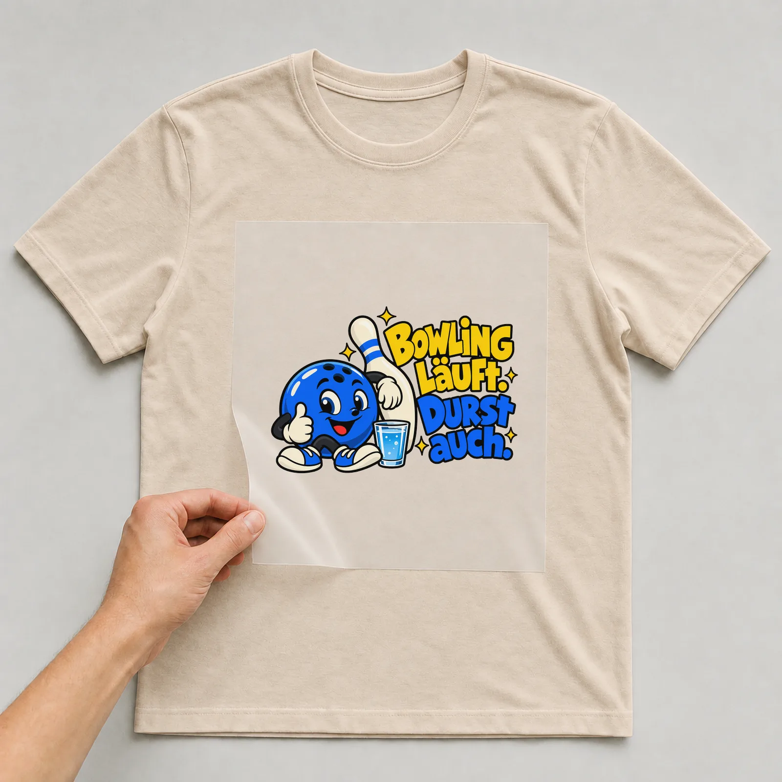 Bügelbild „Bowling läuft. Durst auch.“ auf beigem T-Shirt, Folie wird aufgelegt