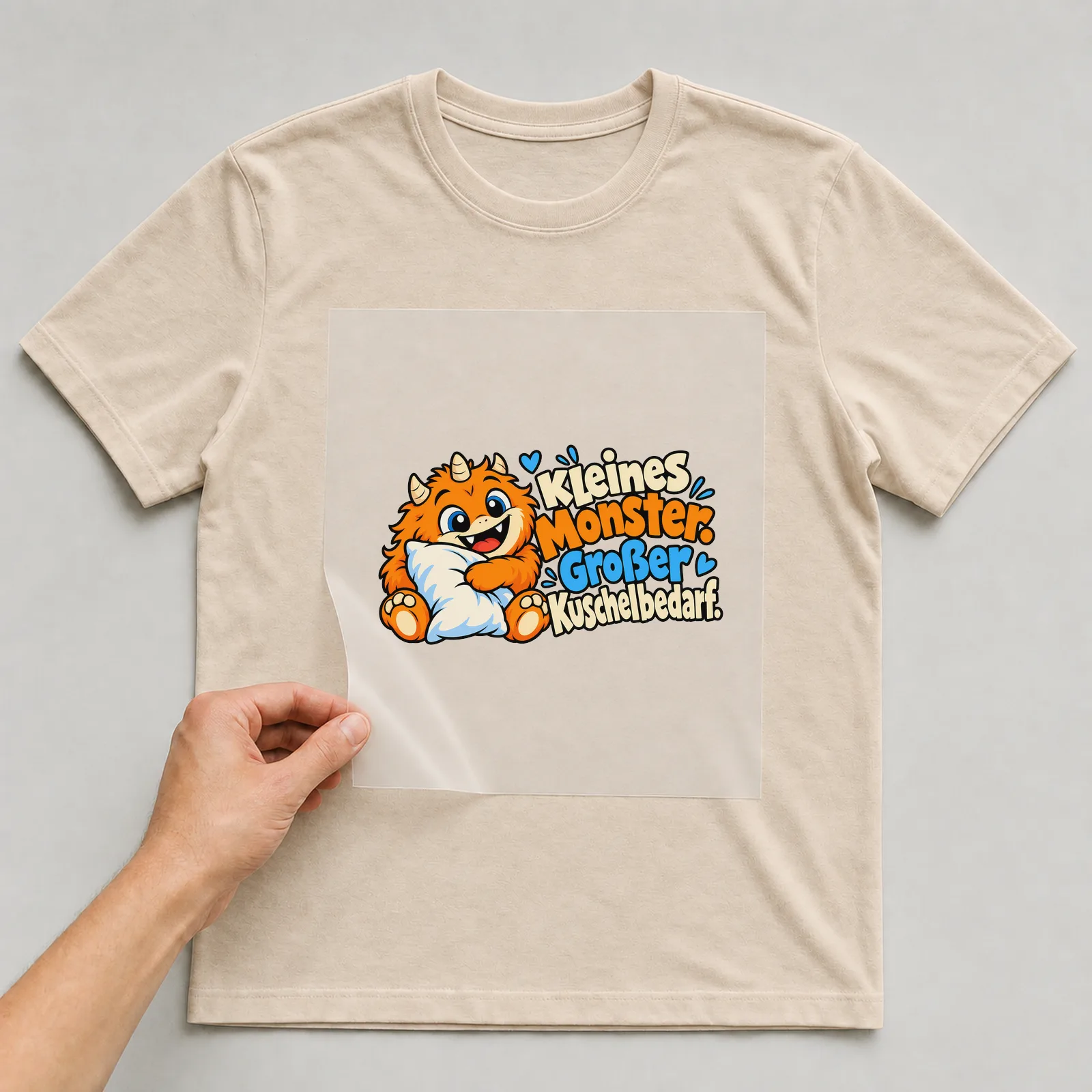 Bügelbild „Kleines Monster. Großer Kuschelbedarf.“ auf beigem T-Shirt, Folie wird aufgelegt