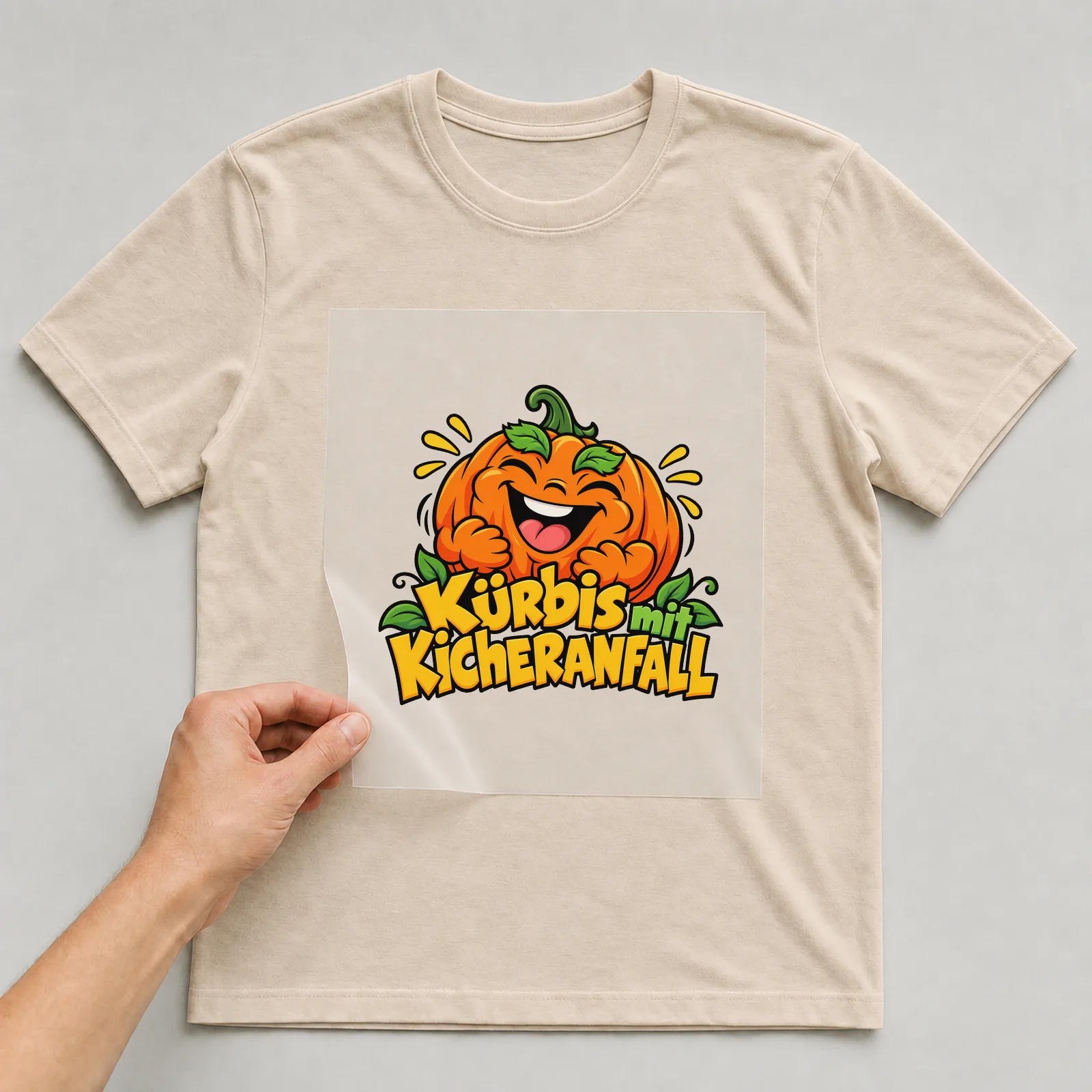 Bügelbild „Kürbis mit Kicheranfall“ auf beigem T-Shirt, Folie wird aufgelegt