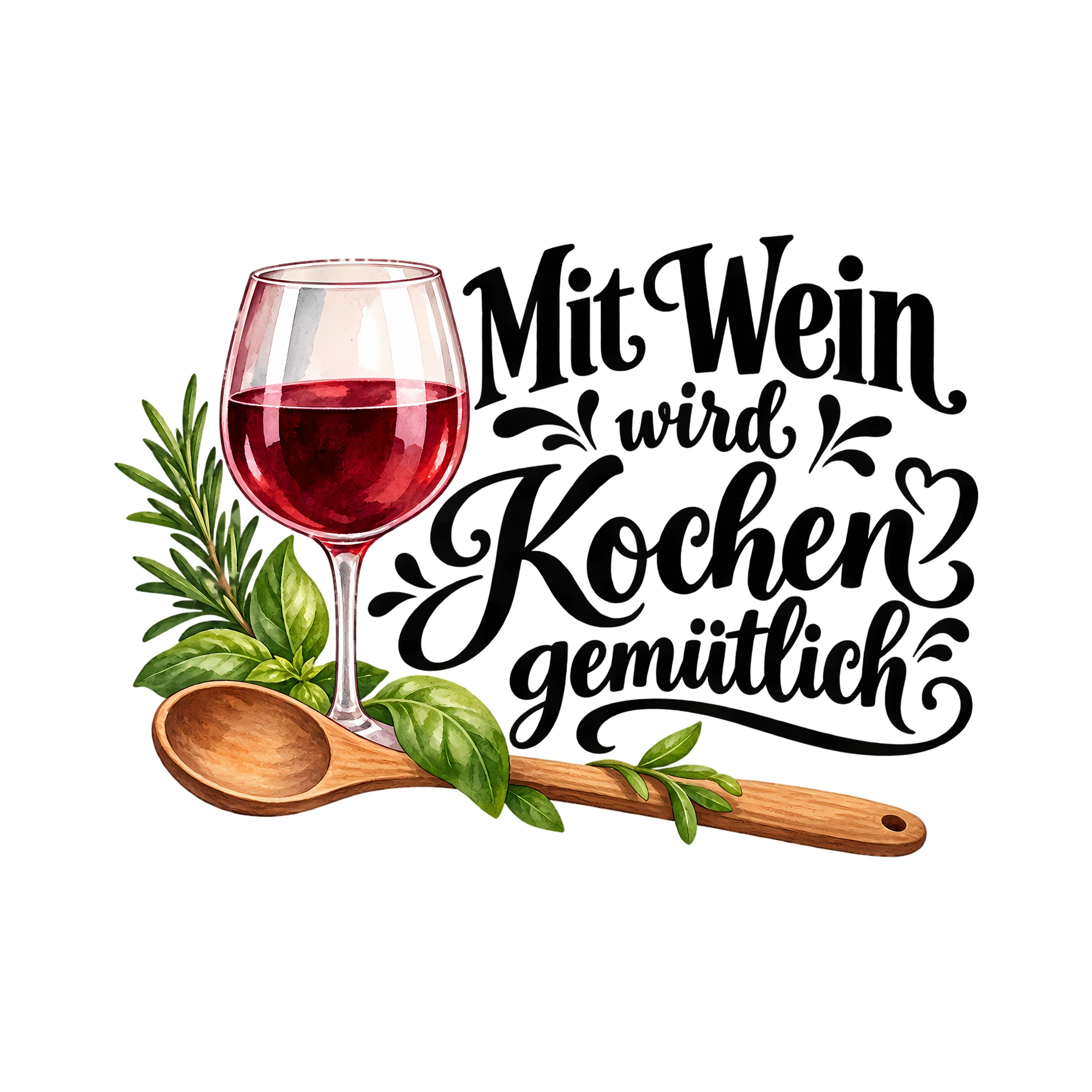 Bügelbild Mit Wein wird Kochen gemütlich als Grafik auf weißem Hintergrund (BB011907)