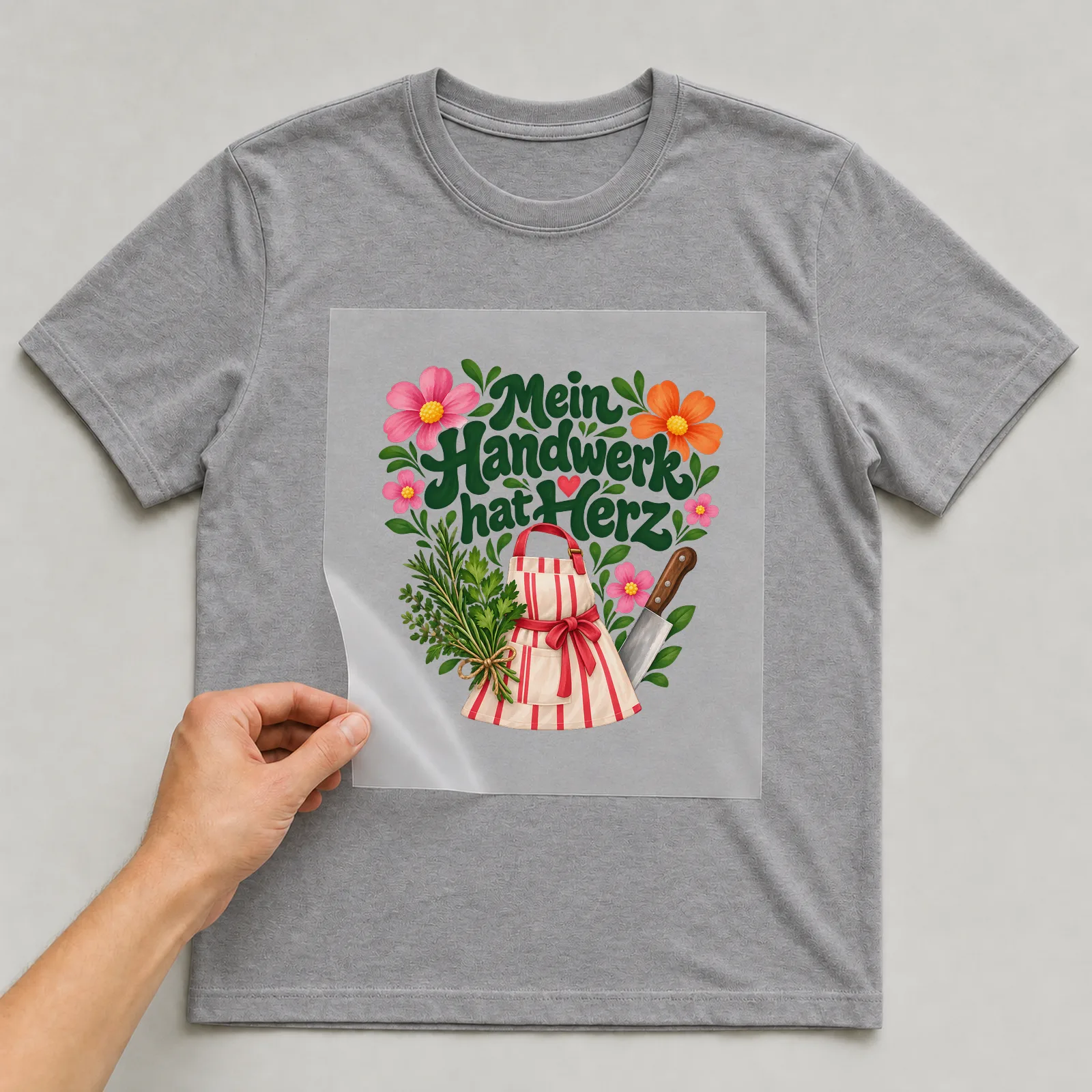 Bügelbild „Mein Handwerk hat Herz“ auf grauem T-Shirt, Folie wird aufgelegt