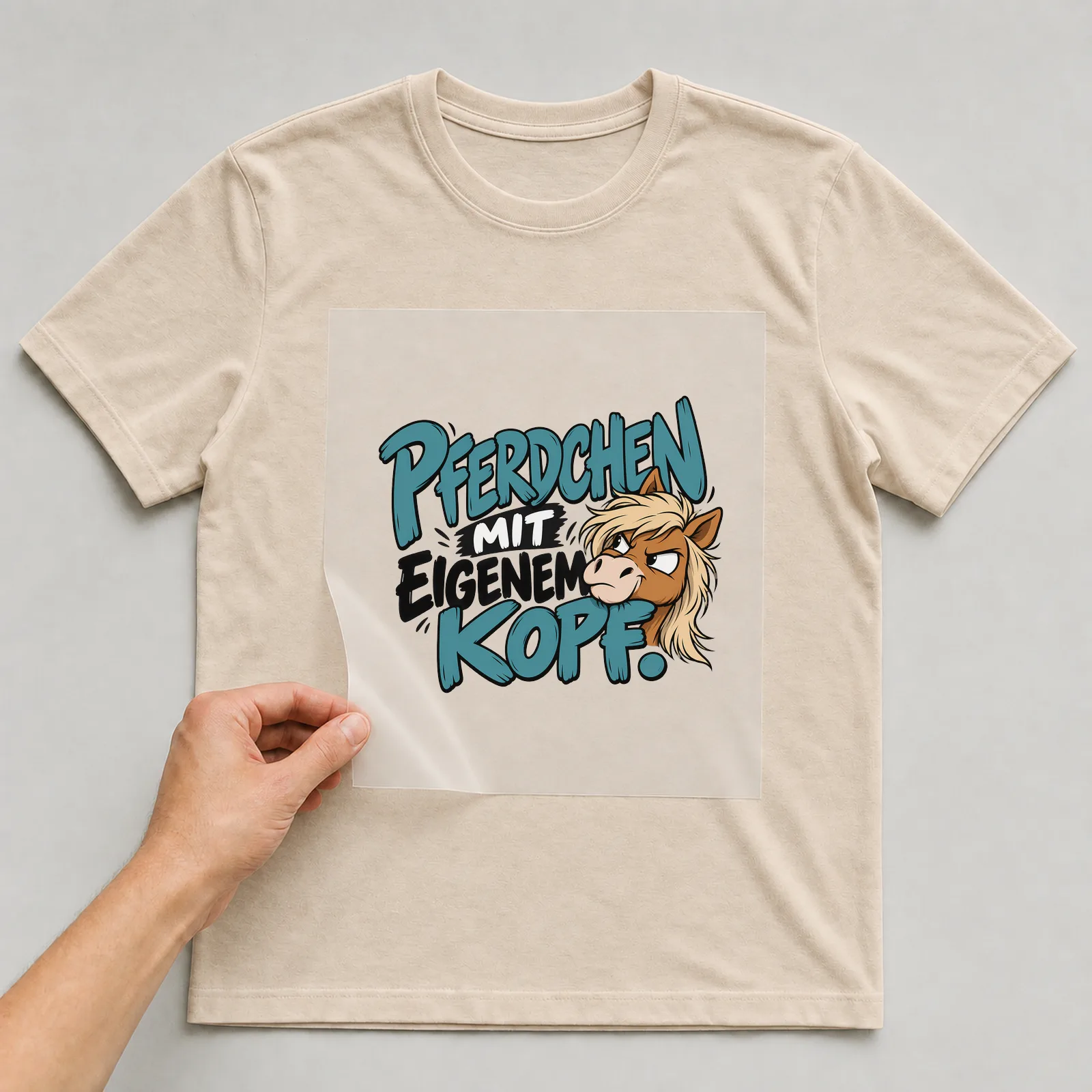 Bügelbild „Pferdchen mit eigenem Kopf“ auf beigem T-Shirt, Folie wird aufgelegt