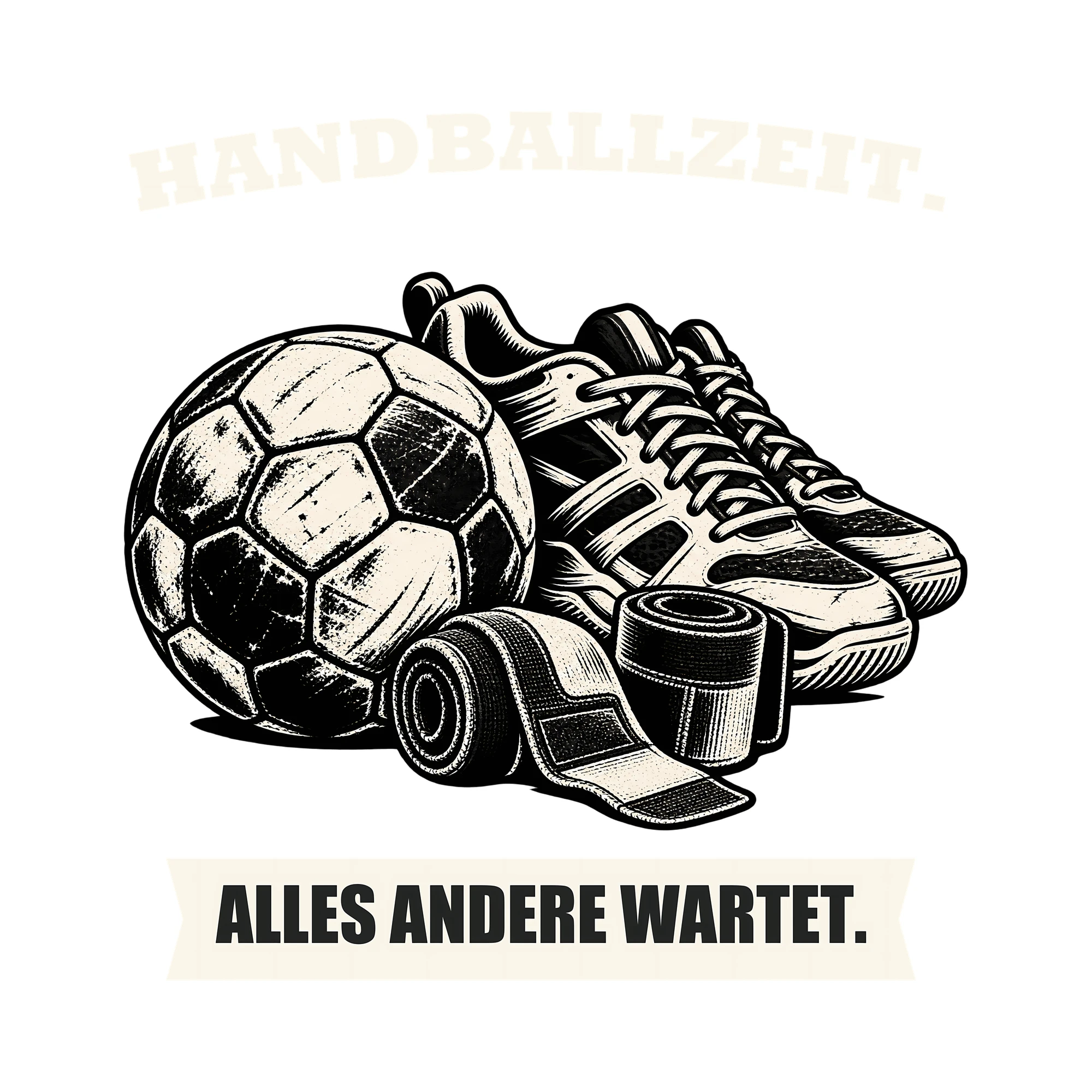 Bügelbild HANDBALLZEIT. ALLES ANDERE WARTET. als Grafik auf weißem Hintergrund (BB013714)