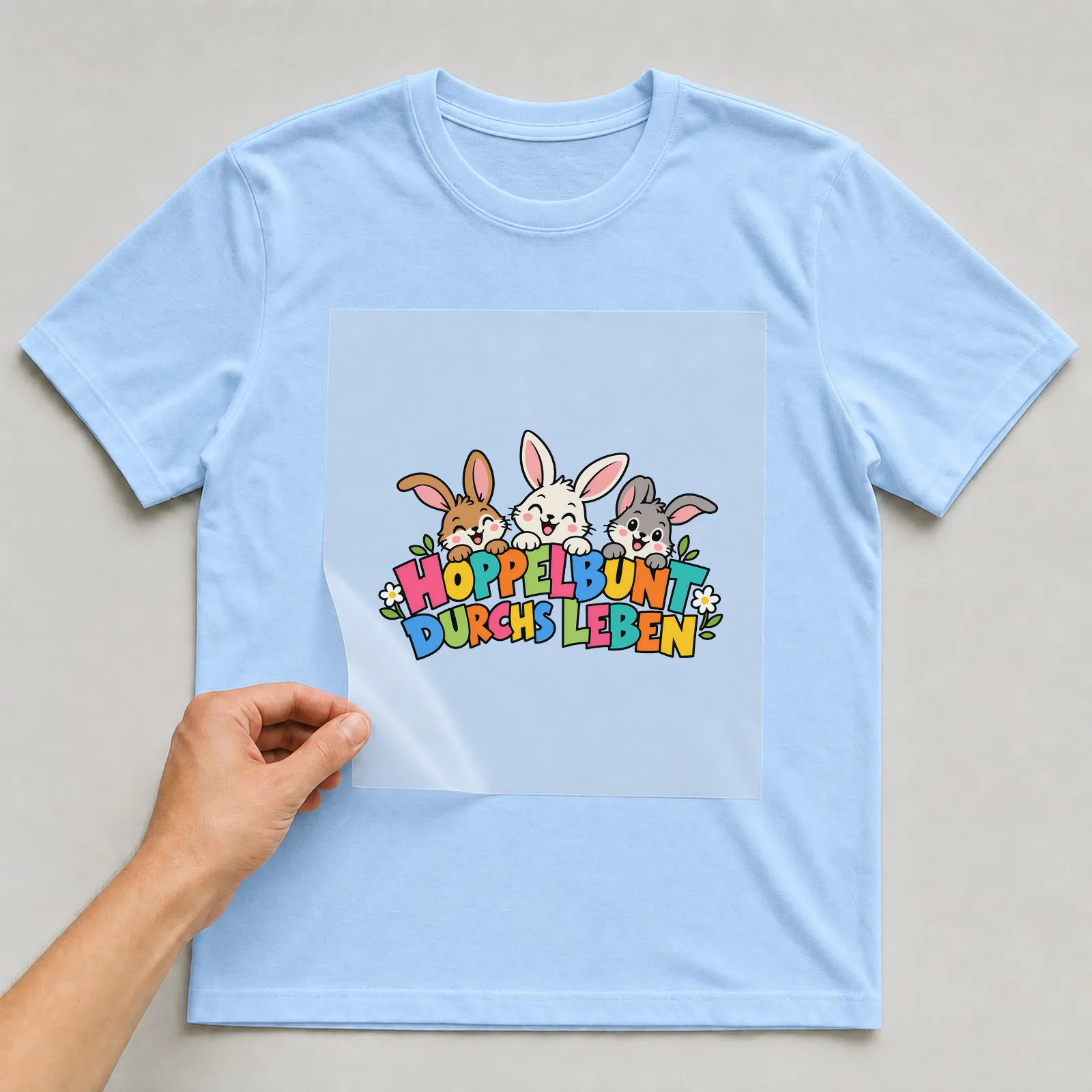 Bügelbild „Hoppelbunt durchs Leben“ auf hellblauem T-Shirt, Folie wird aufgelegt