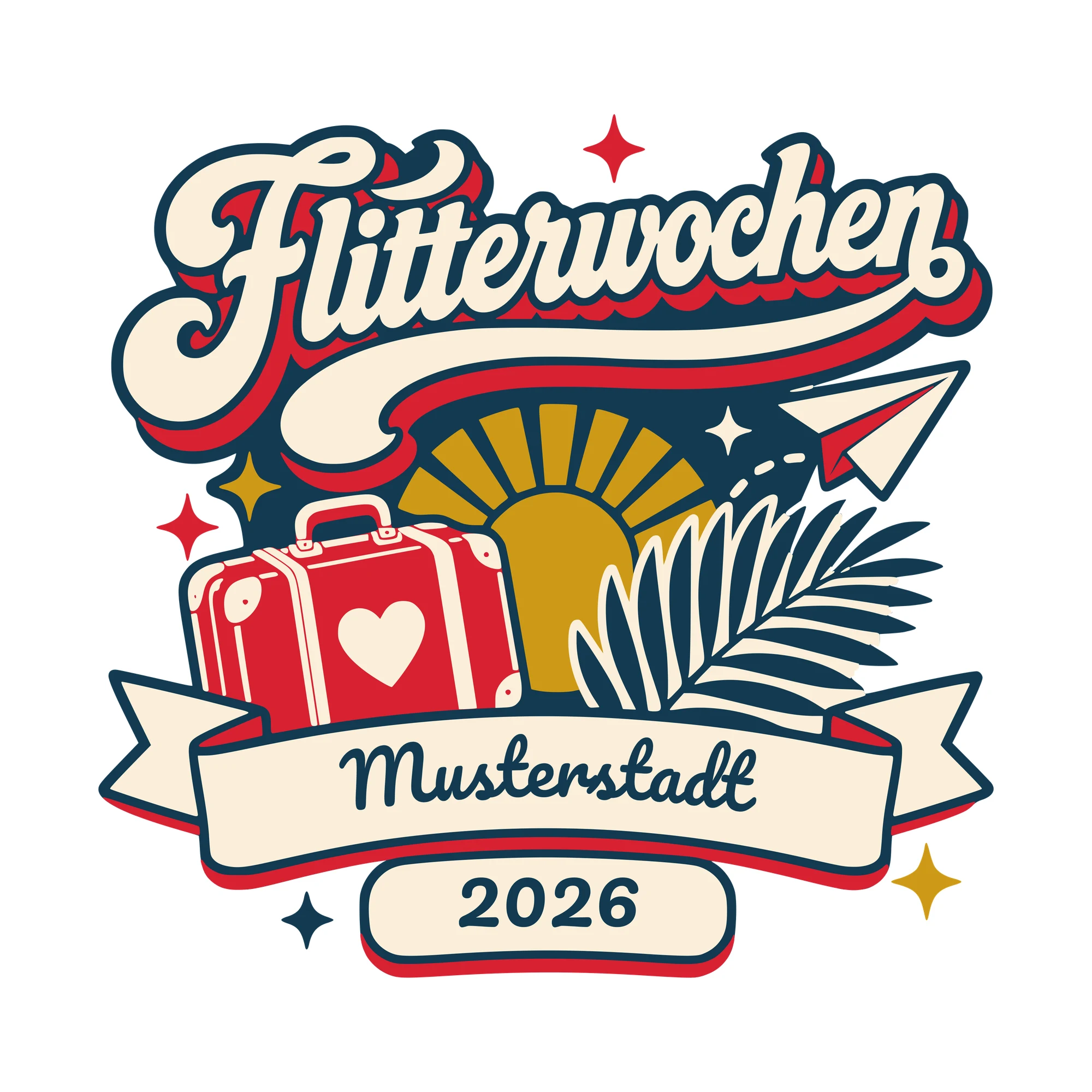 Bügelbild Flitterwochen mit Ort und Jahr als Grafik auf weißem Hintergrund (BB010505)