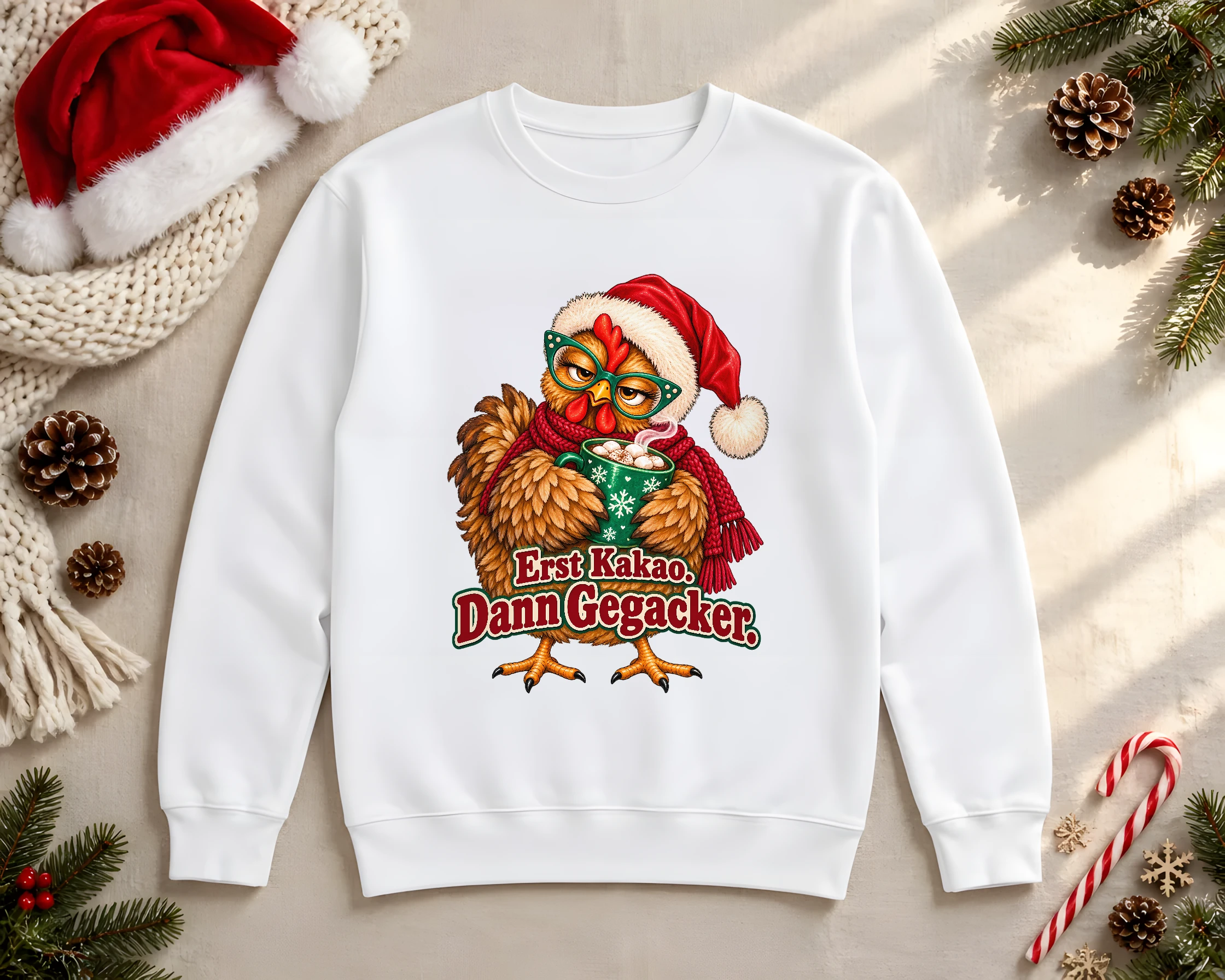 Weißer Weihnachtspullover mit dem Bügelbild "Erst Kakao. Dann Gegacker." (Huhn mit Mütze, Schal und Kakaotasse)