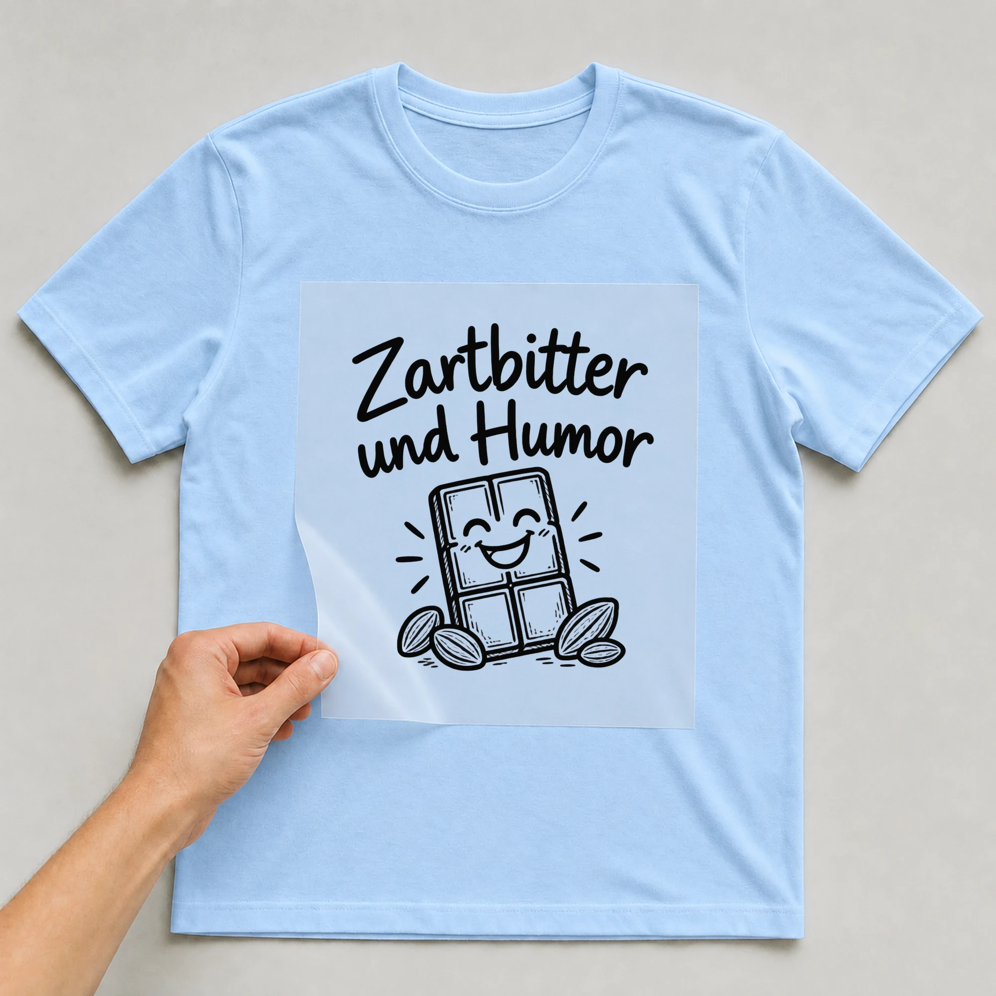 Bügelbild „Zartbitter und Humor“ auf babyblauem T-Shirt, Folie wird aufgelegt