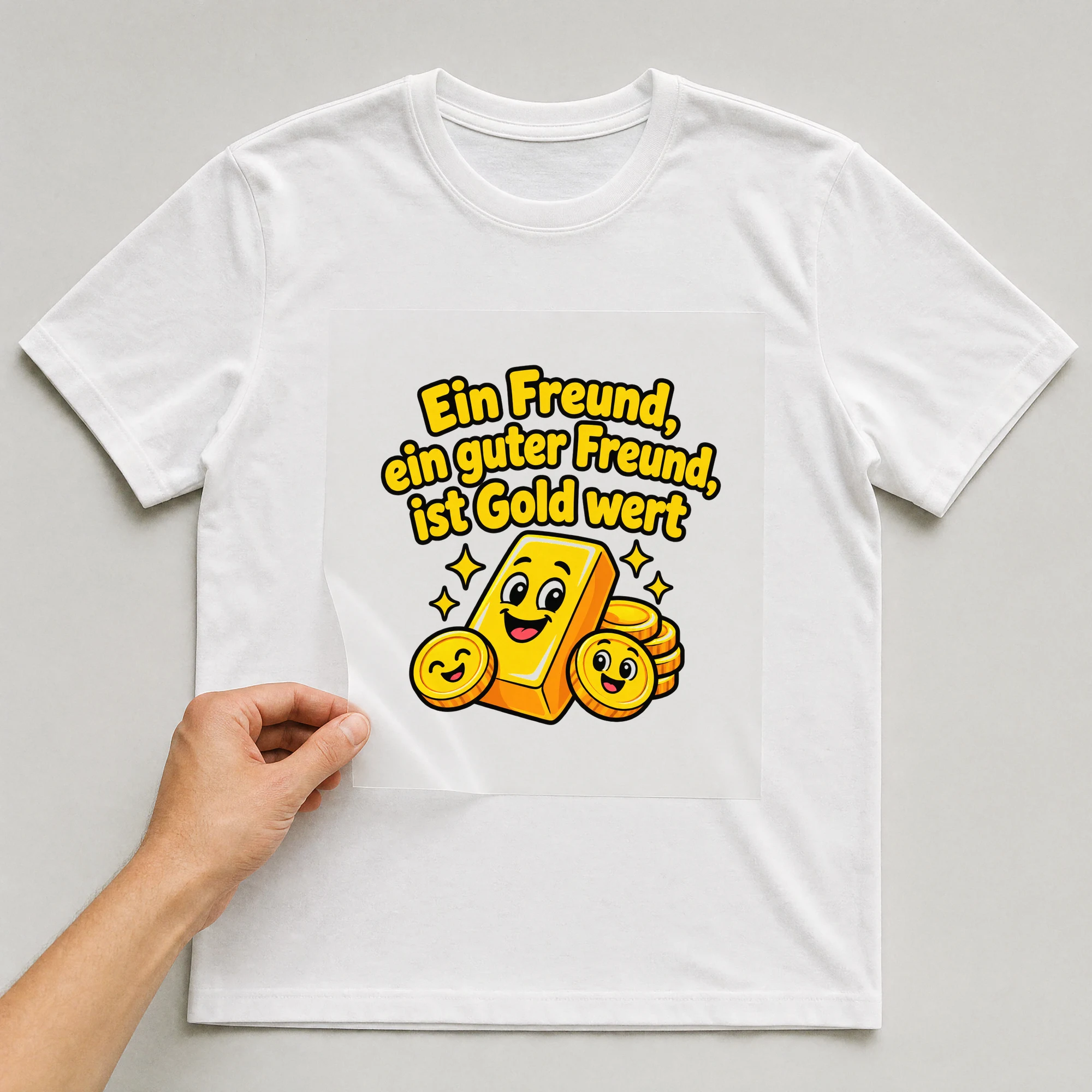 Bügelbild „Ein Freund, ein guter Freund, ist Gold wert“ auf weißem T-Shirt, Folie wird aufgelegt