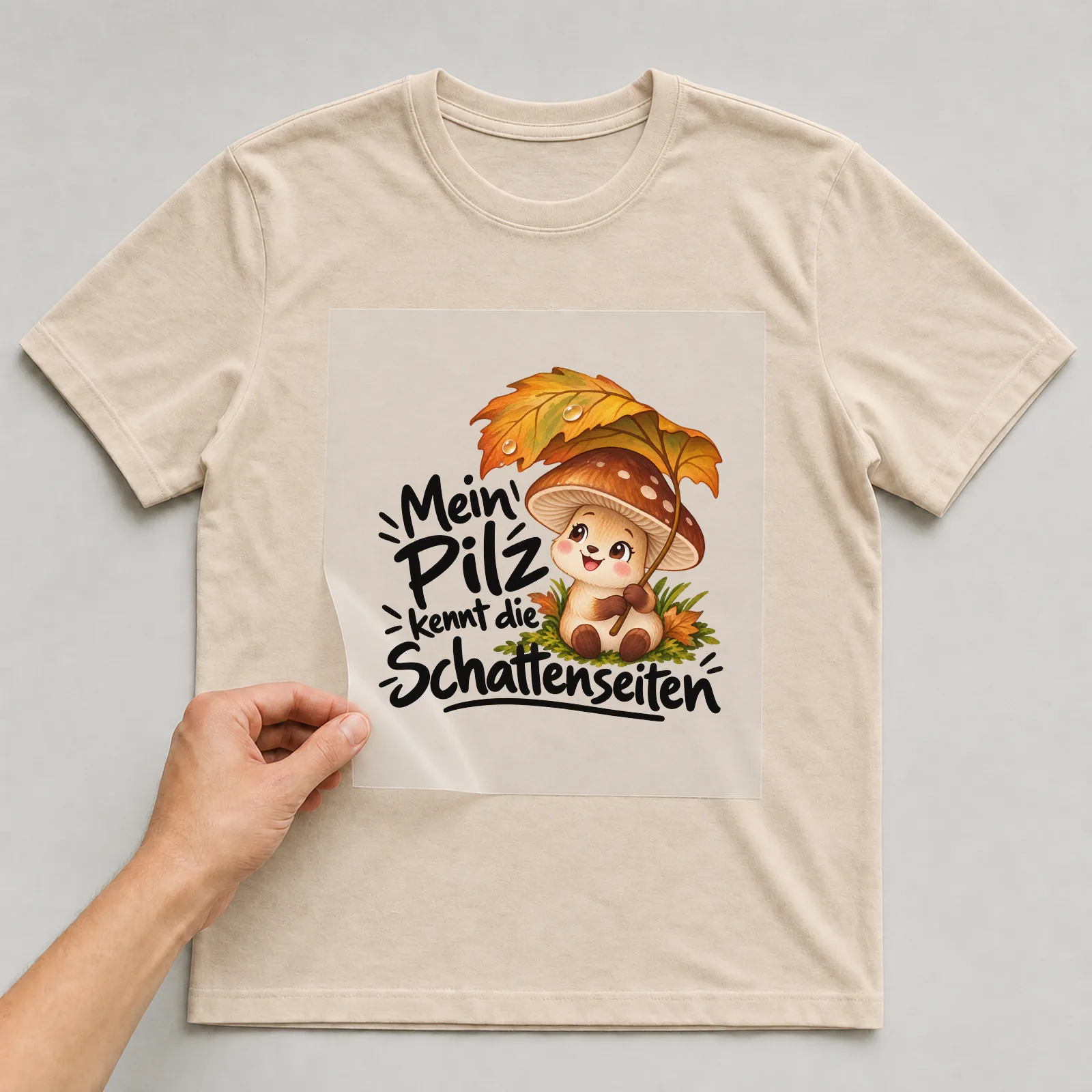 Bügelbild „Mein Pilz kennt die Schattenseiten“ auf beigem T-Shirt, Folie wird aufgelegt