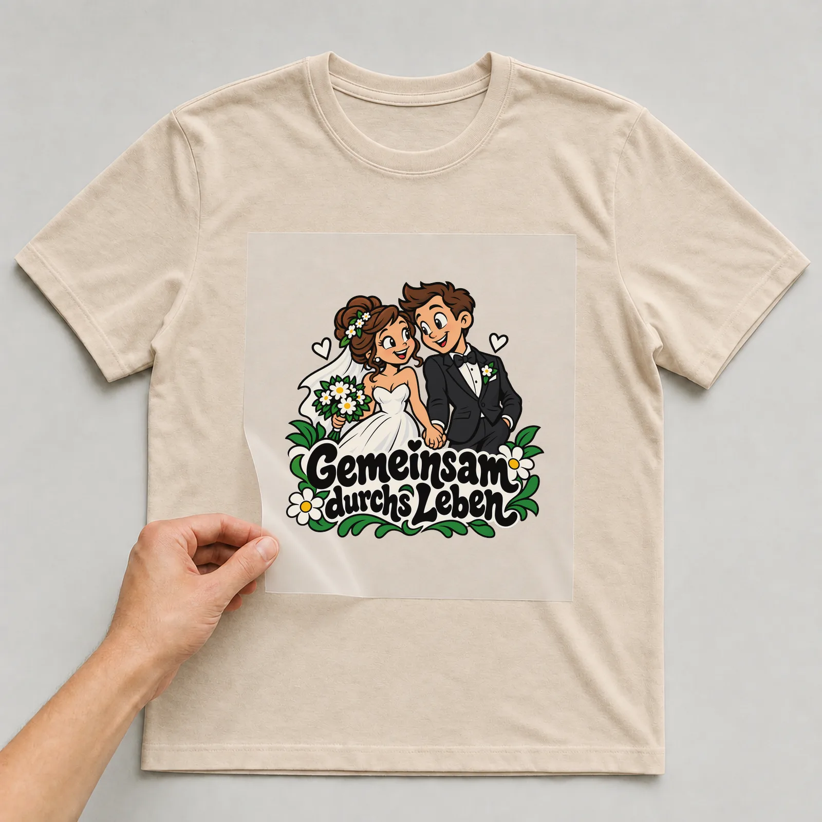 Bügelbild „Gemeinsam durchs Leben“ auf beigem T-Shirt, Folie wird aufgelegt