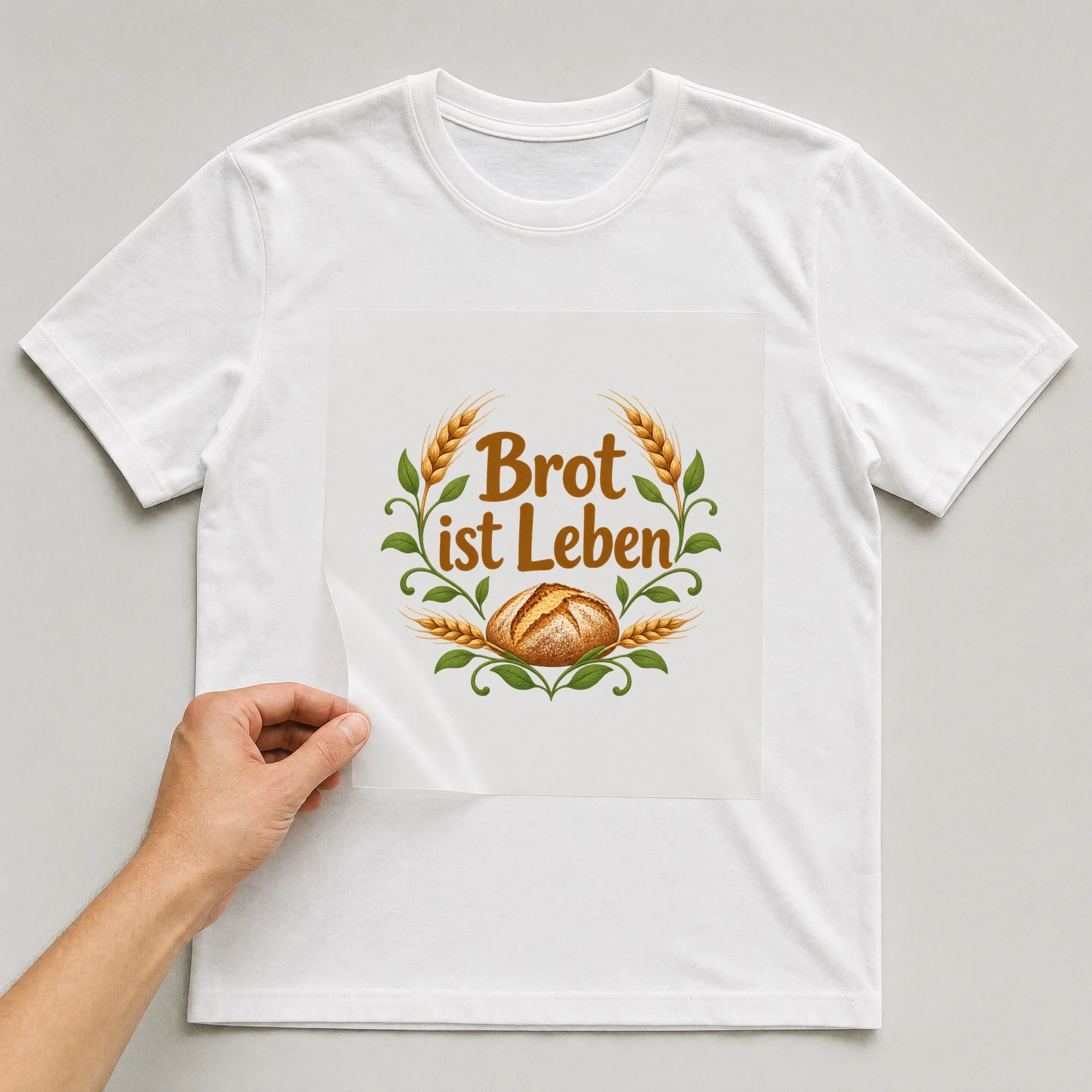 Bügelbild „Brot ist Leben“ auf weißem T-Shirt, Folie wird aufgelegt