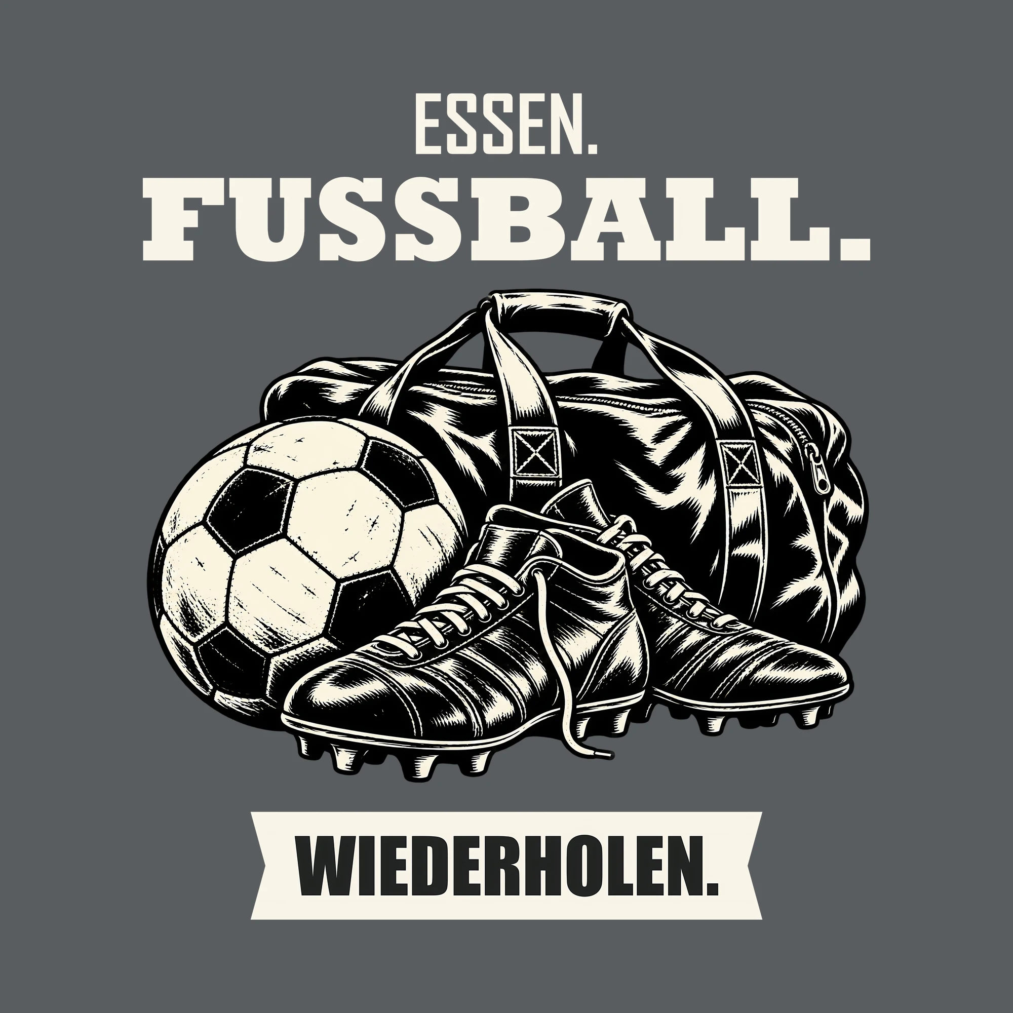 Bügelbild ESSEN. FUSSBALL. WIEDERHOLEN. als Grafik auf dunklem Hintergrund (BB013716)