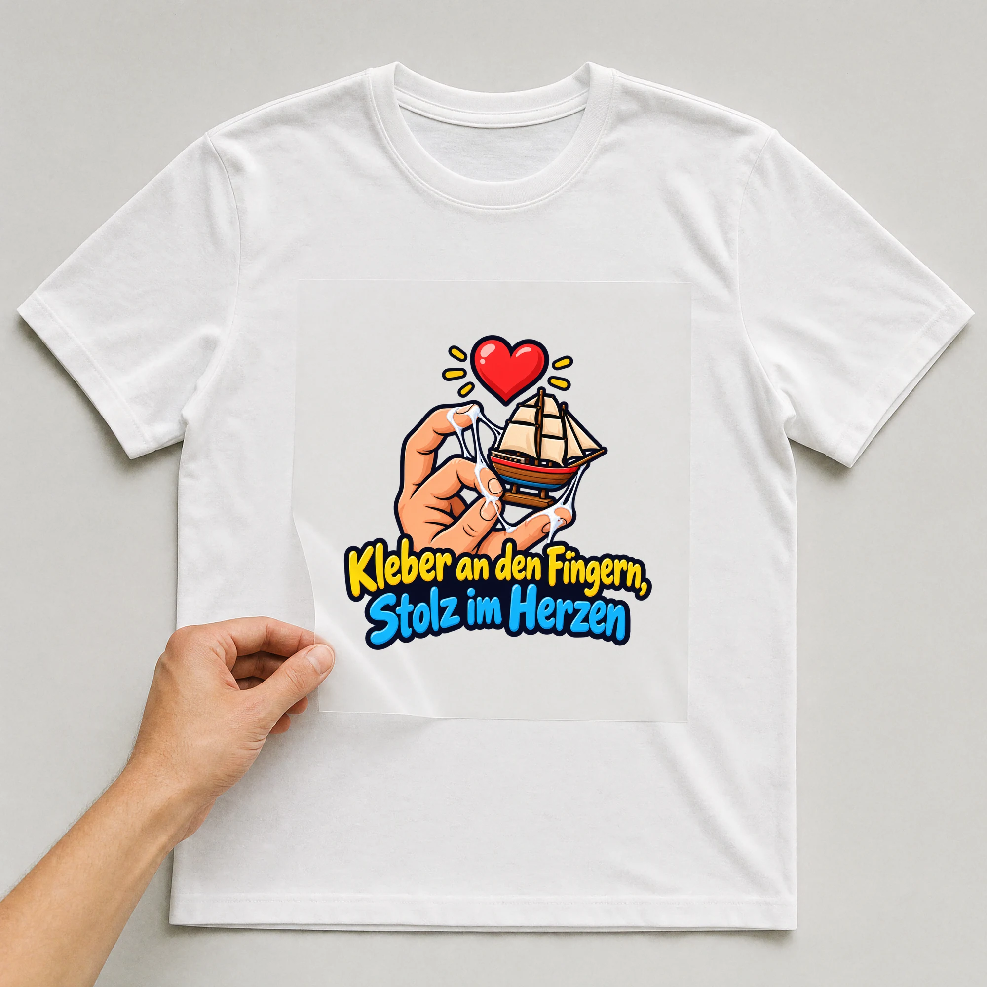 Bügelbild „Kleber an den Fingern, Stolz im Herzen“ auf weißem T-Shirt, Folie wird aufgelegt