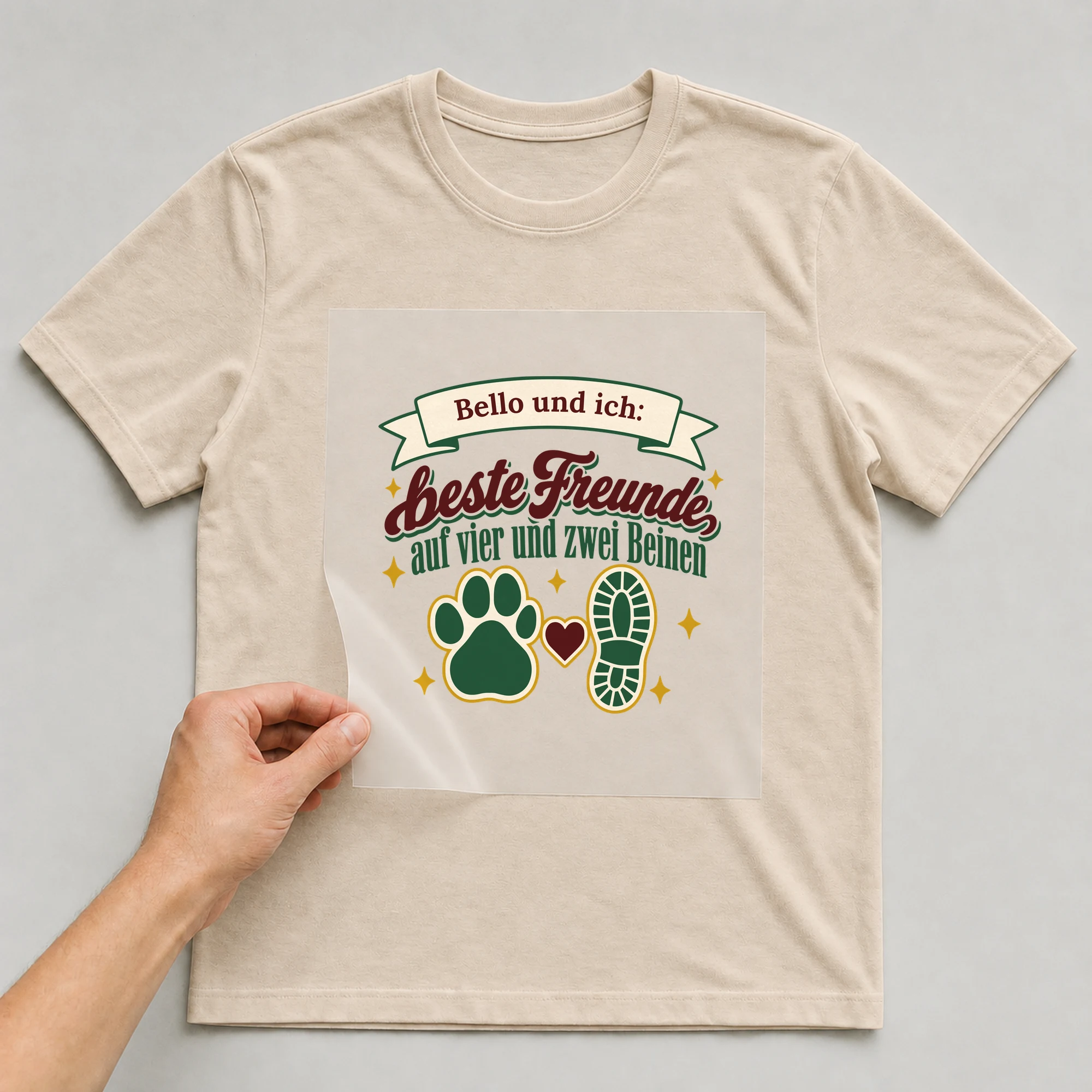 Bügelbild Beste Freunde auf vier und zwei Beinen mit Name auf beigem T-Shirt, Folie wird aufgelegt