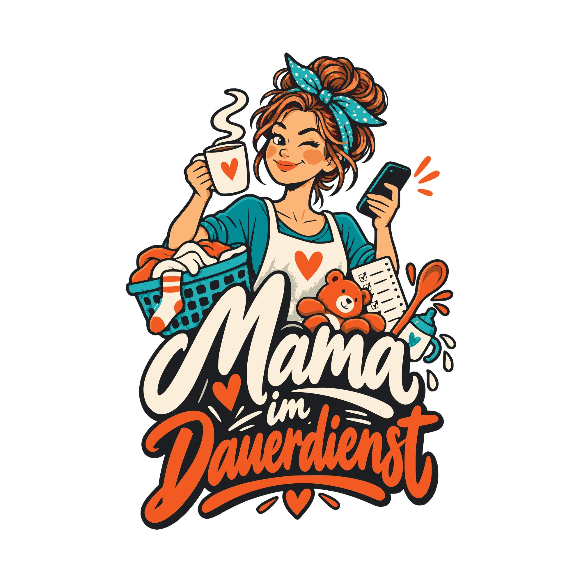 Bügelbild Mama im Dauerdienst als Grafik auf weißem Hintergrund (BB011169)