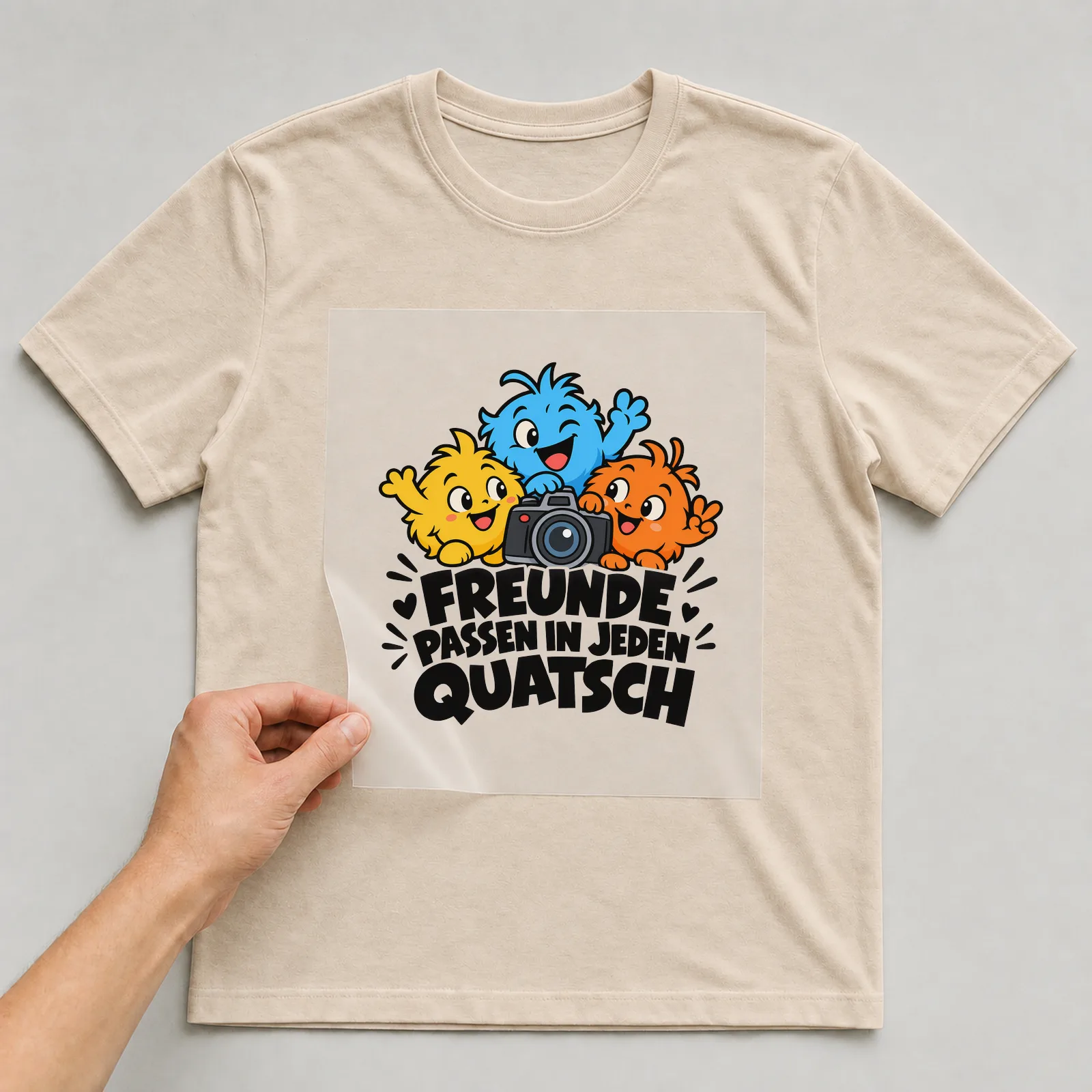 Bügelbild „Freunde passen in jeden quatsch“ auf beigem T-Shirt, Folie wird aufgelegt