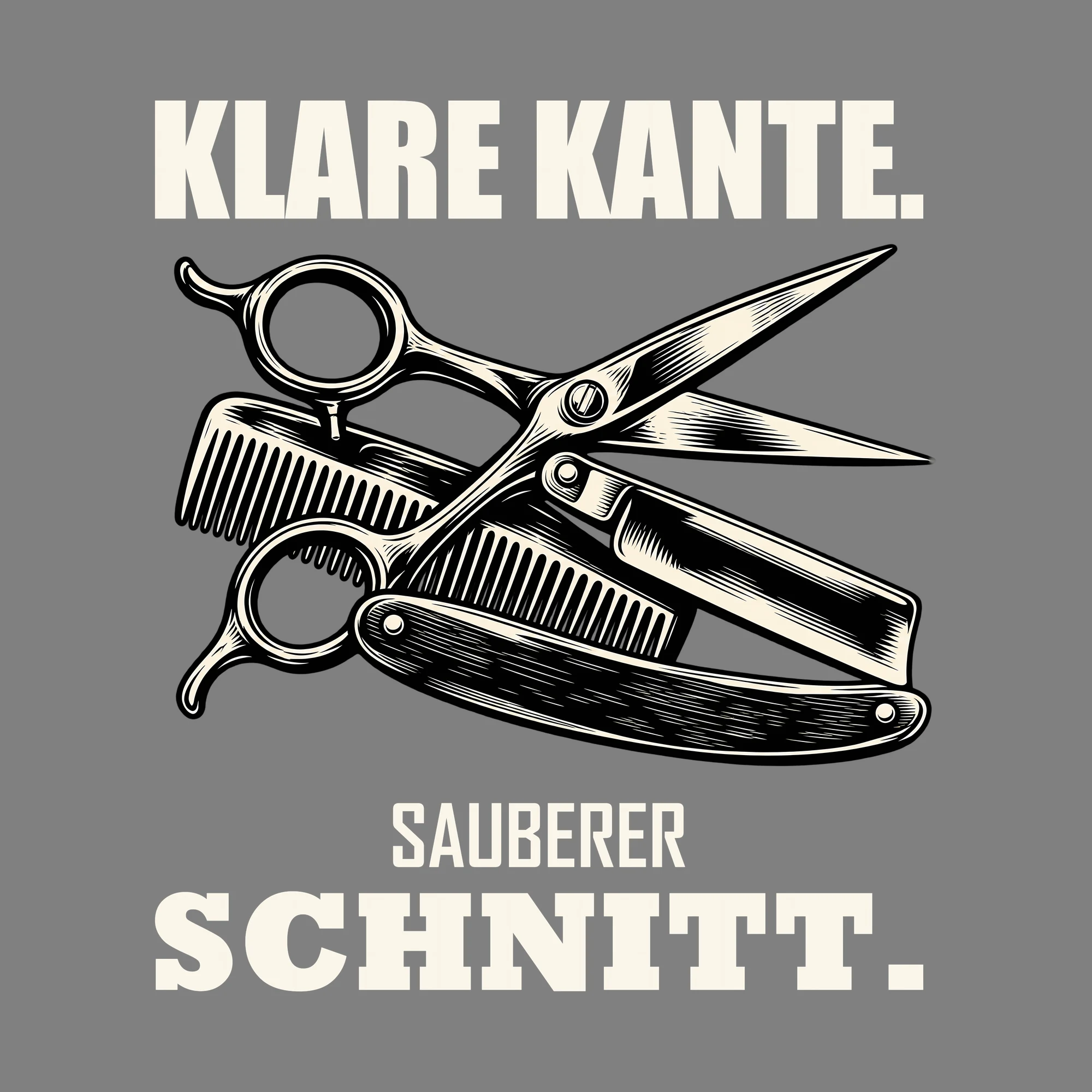 Bügelbild KLARE KANTE. SAUBERER SCHNITT. als Grafik auf dunklem Hintergrund (BB011514)