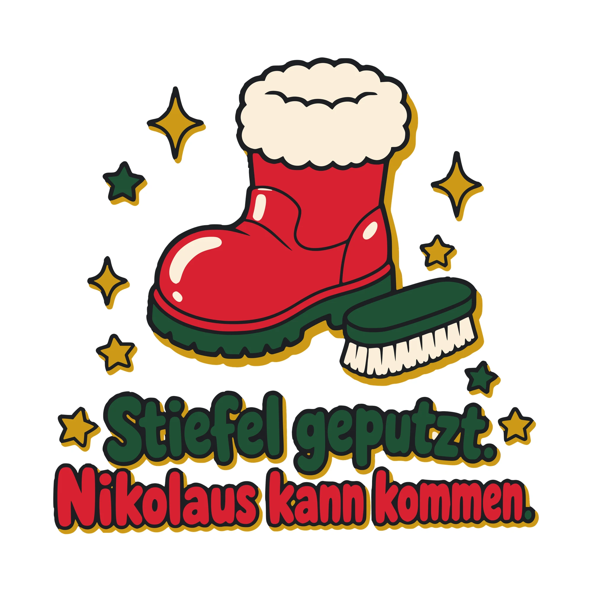 Bügelbild Stiefel geputzt. Nikolaus kann kommen. als Grafik auf weißem Hintergrund (BB010379)