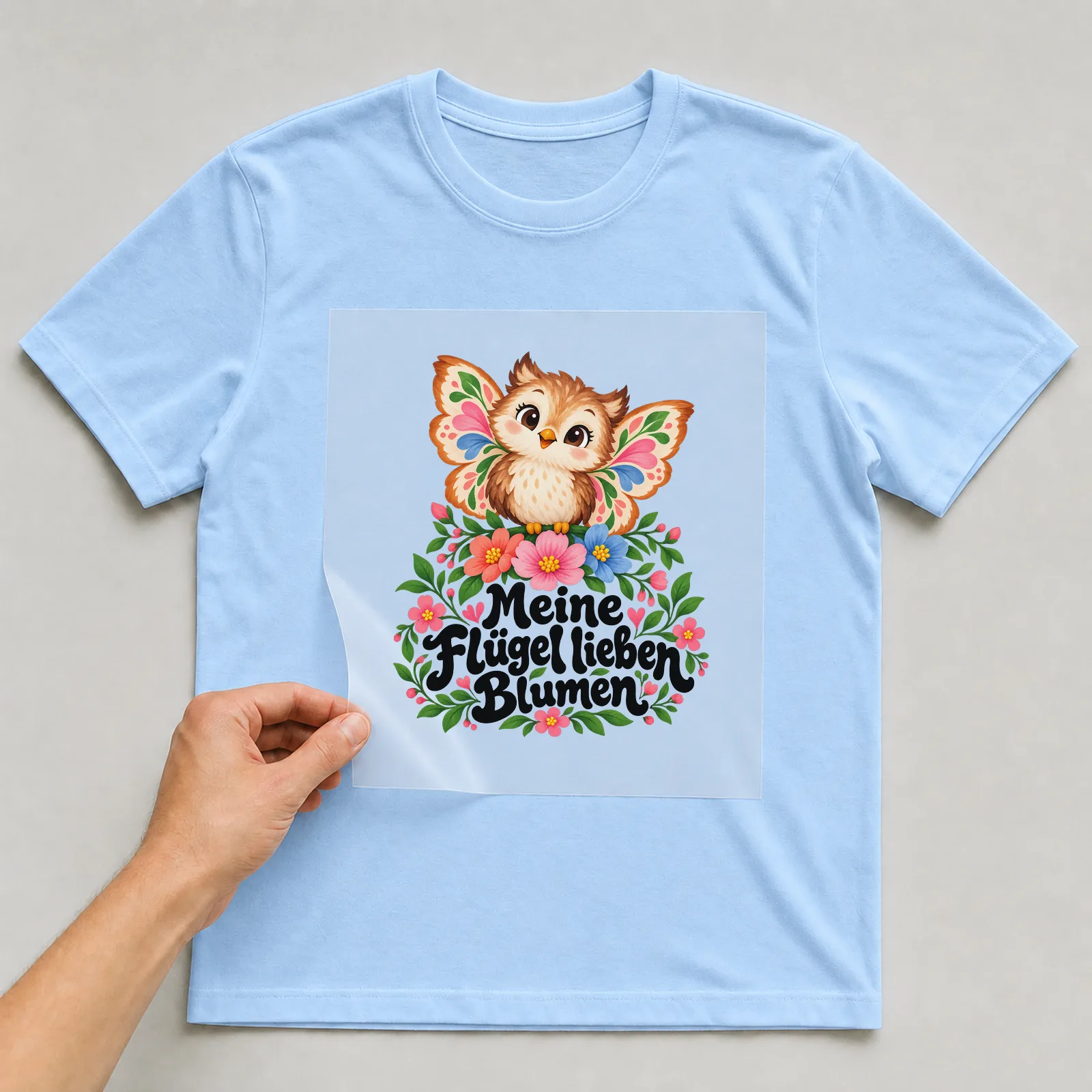 Bügelbild „Meine Flügel lieben Blumen“ auf hellblauem T-Shirt, Folie wird aufgelegt