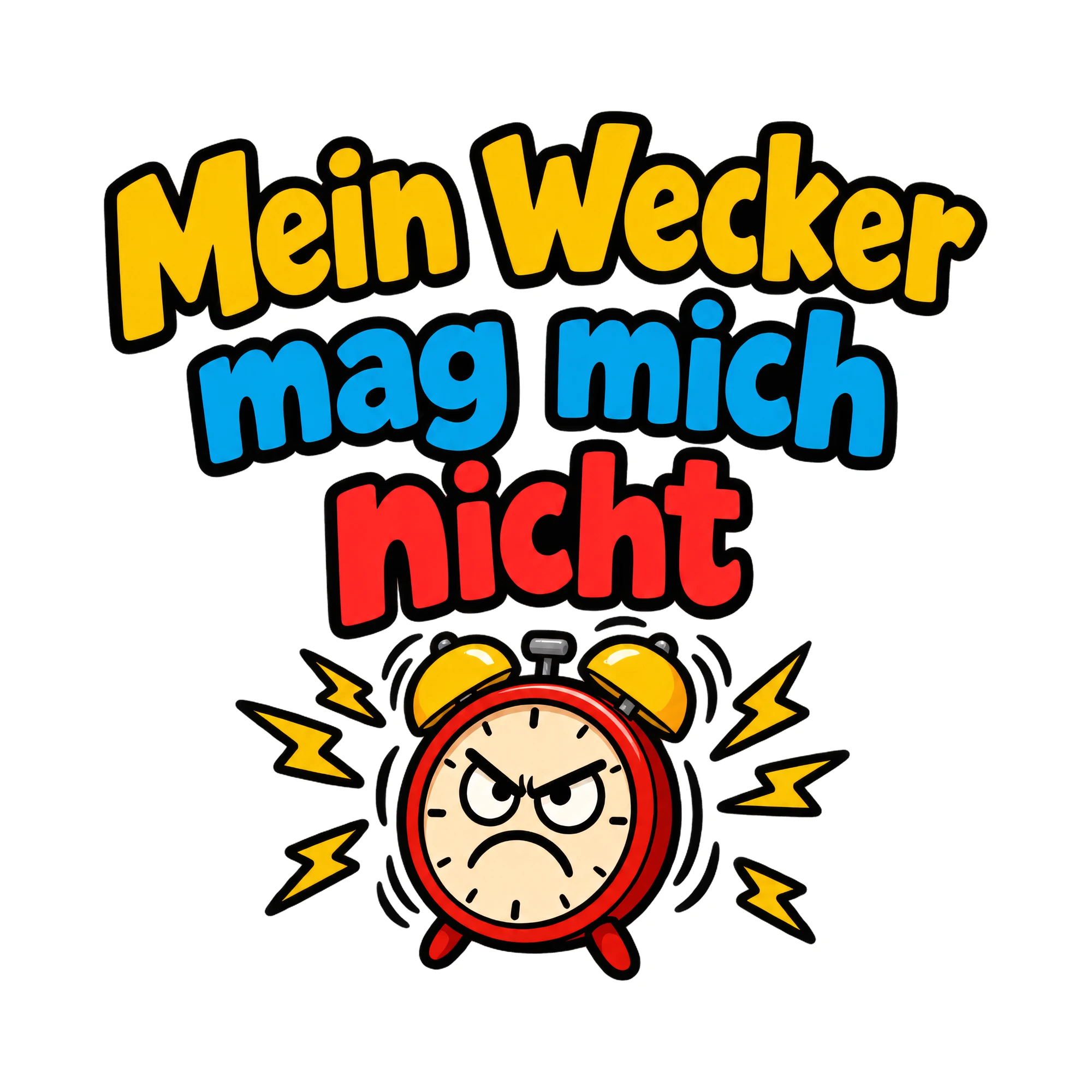 Bügelbild Mein Wecker mag mich nicht, Lustiger Shirt Spruch als Grafik auf weißem Hintergrund (BB016777)