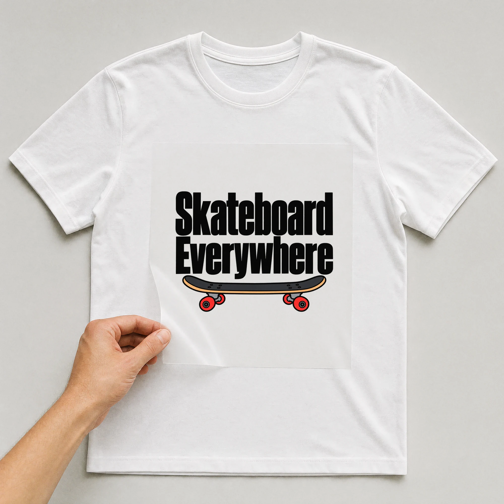 Bügelbild „Skateboard Everywhere“ auf weißem T-Shirt, Folie wird aufgelegt