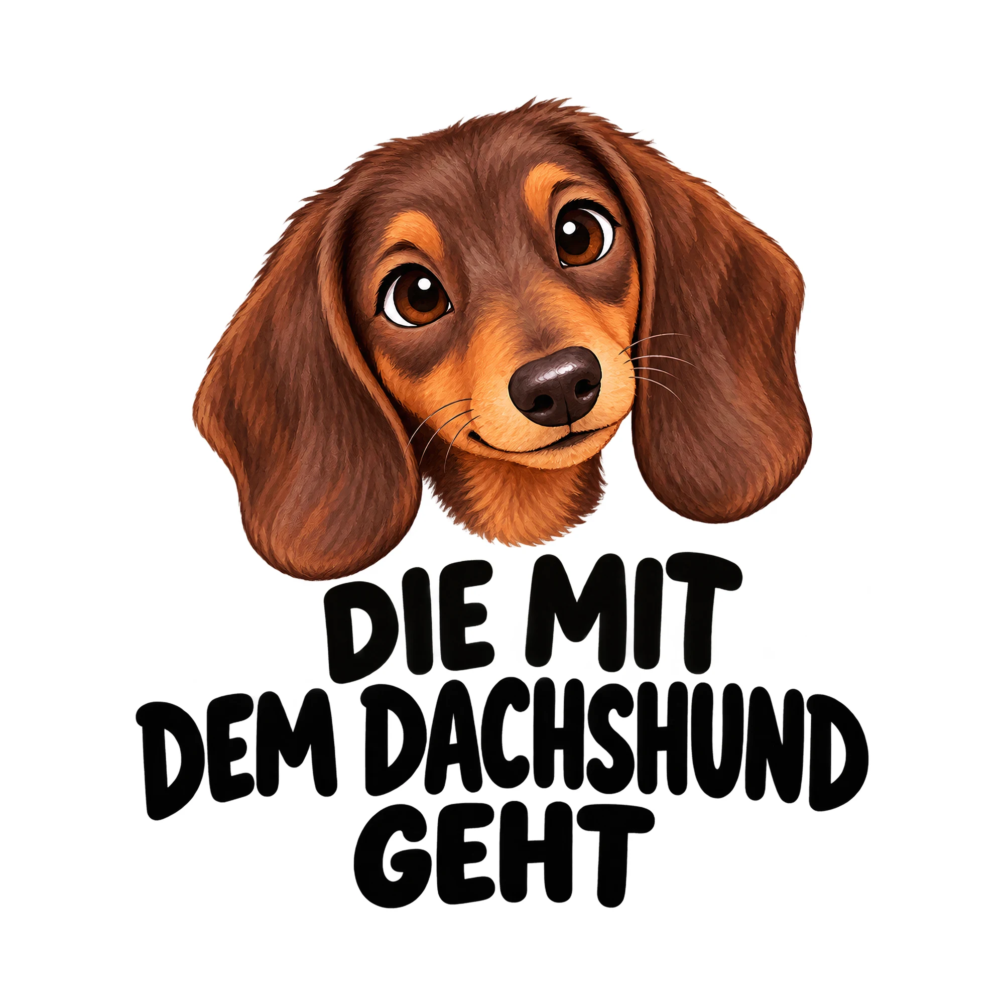 Bügelbild „Die mit dem Dachshund geht“, Tiere Shirt Spruch als Grafik auf weißem Hintergrund (BB016154)
