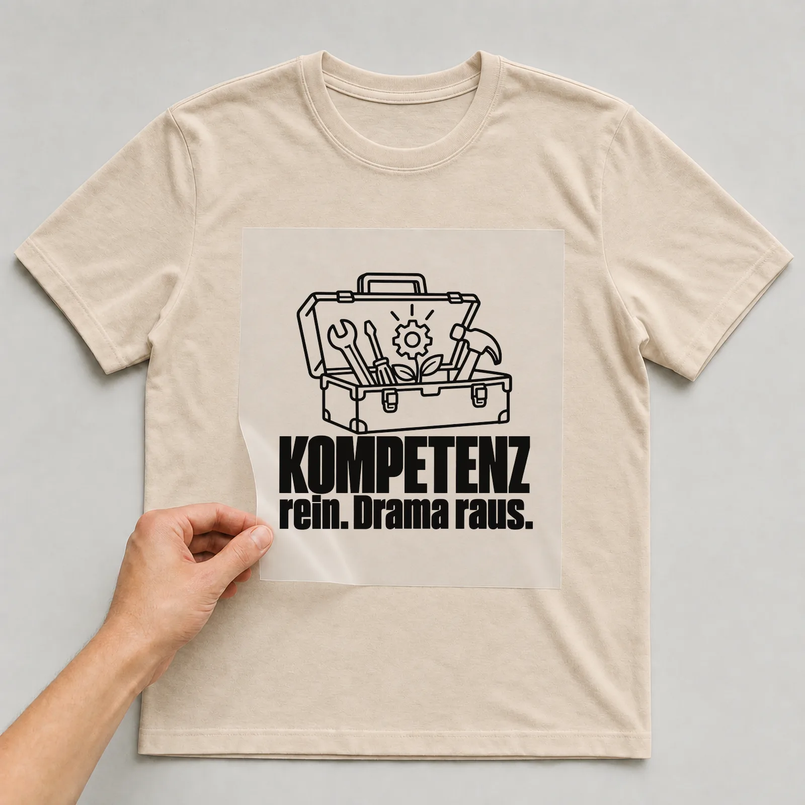 Bügelbild „Kompetenz rein. Drama raus.“ auf beigem T-Shirt, Folie wird aufgelegt